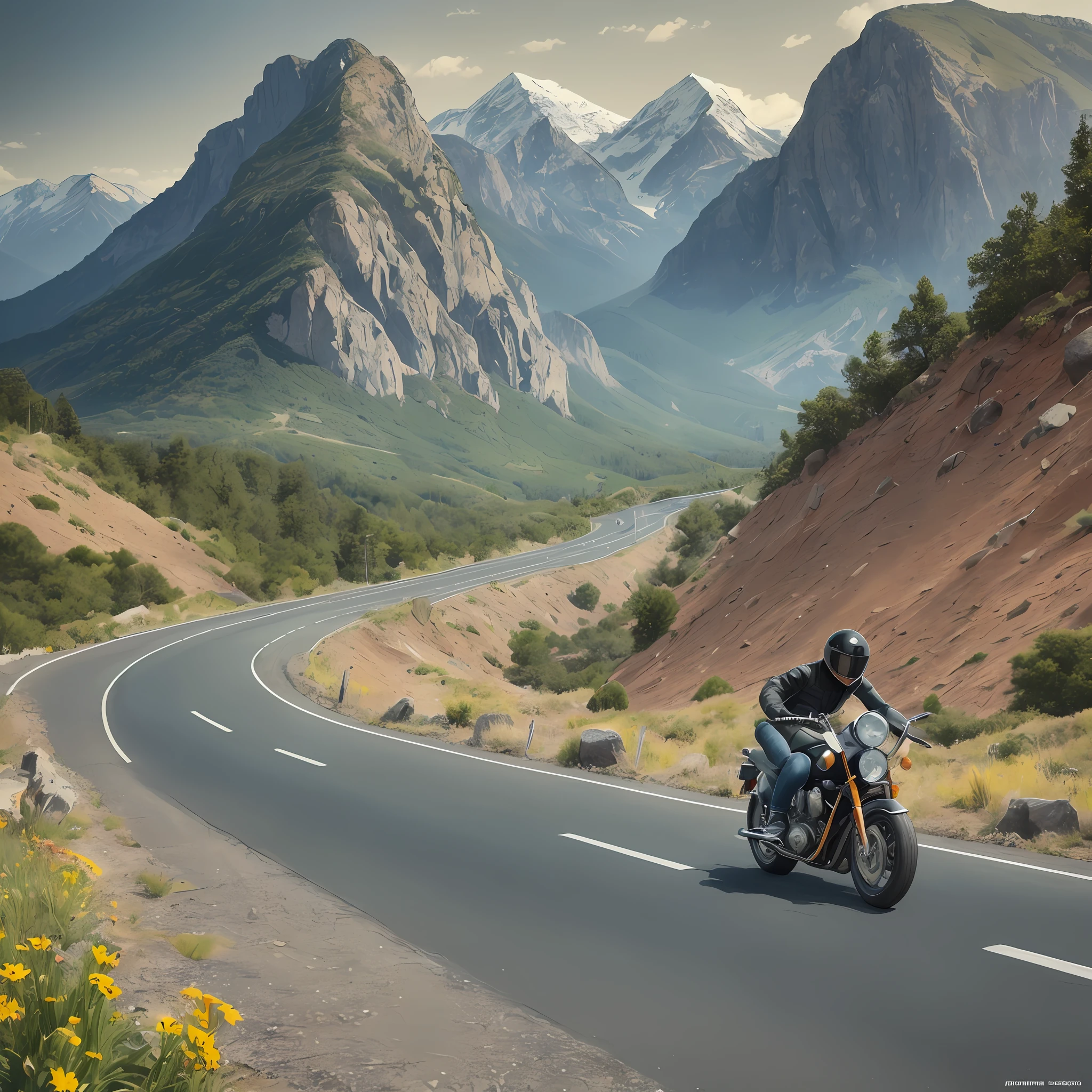 "Realistic depiction of a design of an '50s motorcycle. Focus on capturing the iconic details of the era, such as vintage styling, aerodynamic elements and the feeling of speed. Explore the unique aesthetic of the '80s, with its bold lines, vibrant colors and distinctive shapes. Describe the bike in its environment, perhaps on a winding road with mountains in the background, evoking the thrill and freedom of riding. Feel free to add extra elements such as branding stickers famous at the time or special features that would make this bike stand out even more. Bring this drawing to life with words, conveying its energy and strong personality." --auto --s2