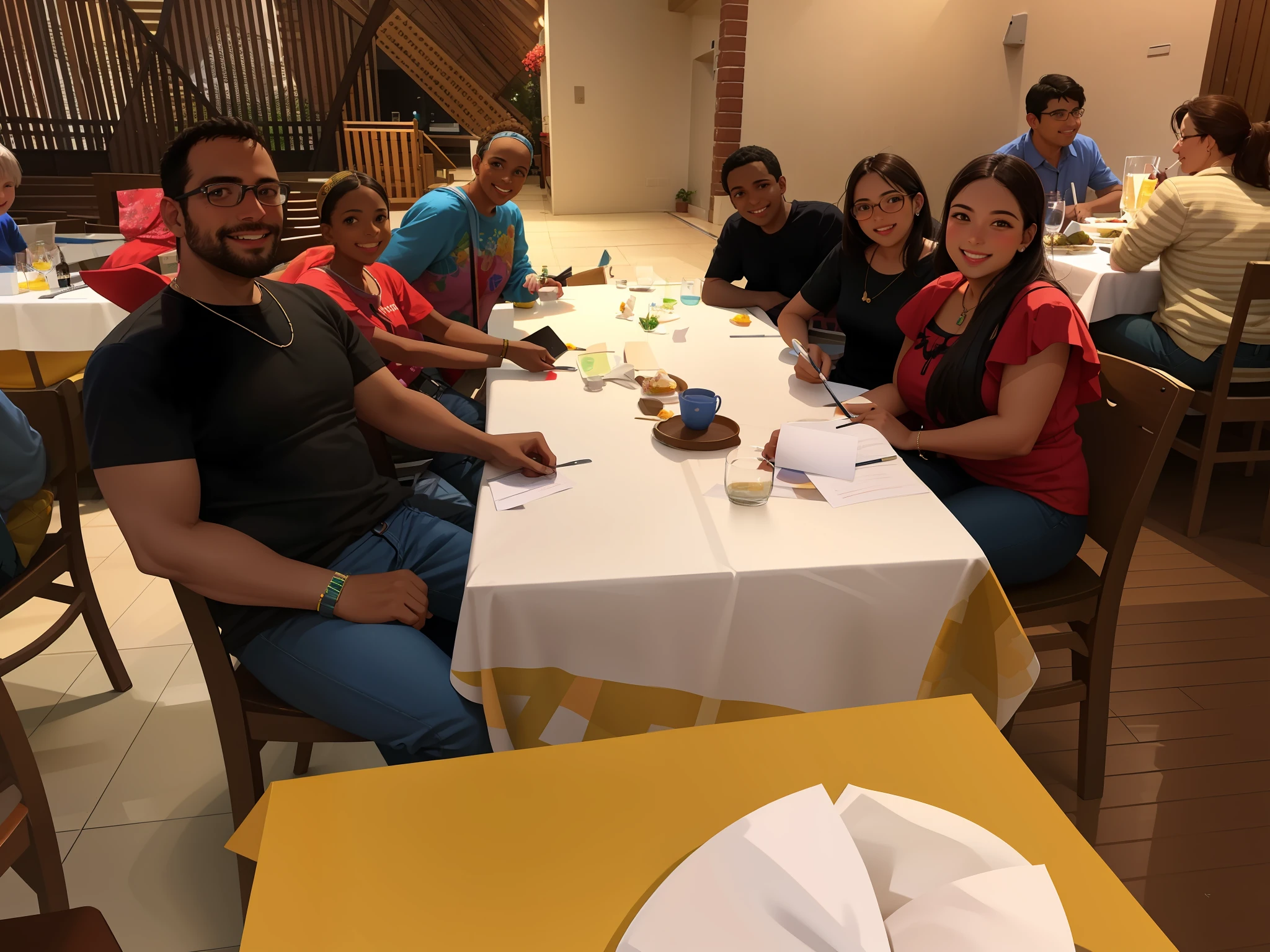 several people sitting at a table with a cake, 7 people, 3 men, 3 women and 1 child, family dinner, happy family, group sit at the table, family photo, family, everyone having fun, diverse, lifestyle, having a great time, table, celebration, Brazilian, beautiful surroundings, festival, majestic masterpiece, warm and cheerful atmosphere, yummy, photo taken in 2023, group photo, realistic painting