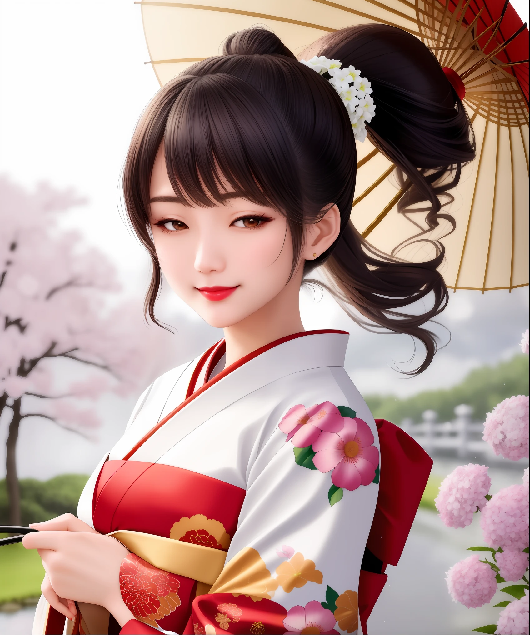 masterpiece, top quality, 16k, 8k, 4k, high resolution, super detailed, japanese style, one beautiful woman, upper body, Japan person, smiling with closed eyes, thick lips, red lipstick, long eyes, black hair, ponytail, kanzashi, hydrangea print white kimono, holding an umbrella, Japan castle in background, raining
