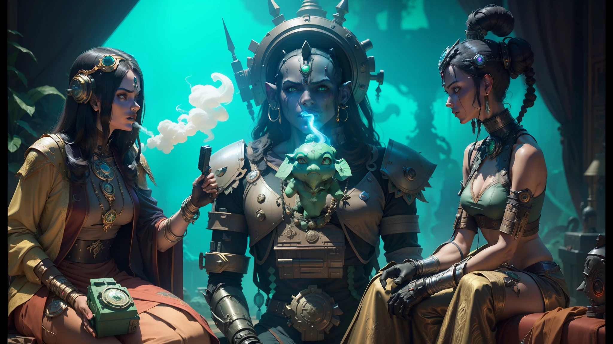 two women and a robot in costume sitting on a sofa in front of a green screen, still from the film of the Aztec cyborg, peter mohrbacher. unreal engine, ganesha, love death + robots, movie still, holding a smoking ray gun, concept art of a monk, by ncsoft, by Kaja Foglio, diablo - 3 --auto --s2