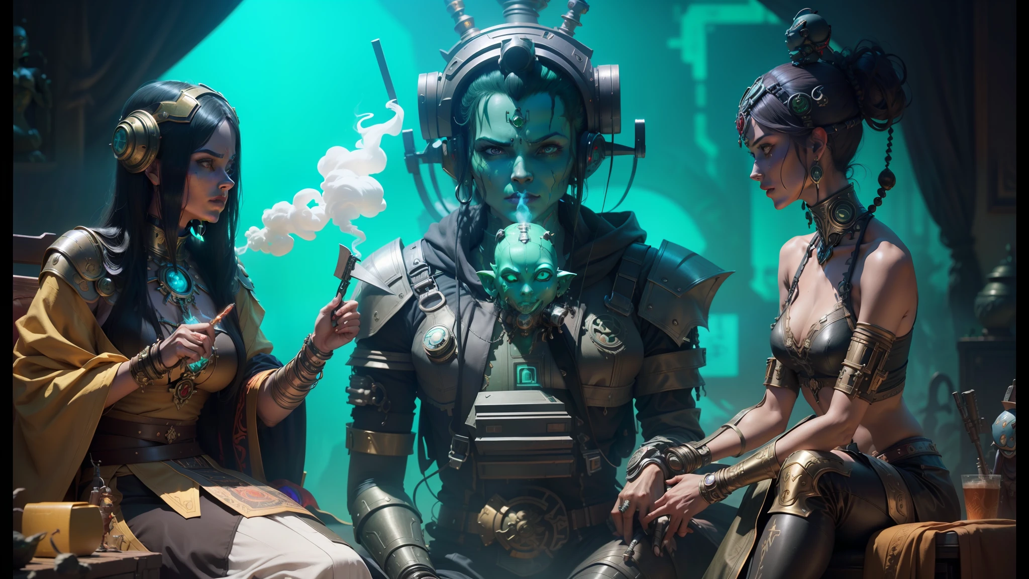 two women and a robot in costume sitting on a sofa in front of a green screen, still from the film of the Aztec cyborg, peter mohrbacher. unreal engine, ganesha, love death + robots, movie still, holding a smoking ray gun, concept art of a monk, by ncsoft, by Kaja Foglio, diablo - 3 --auto --s2