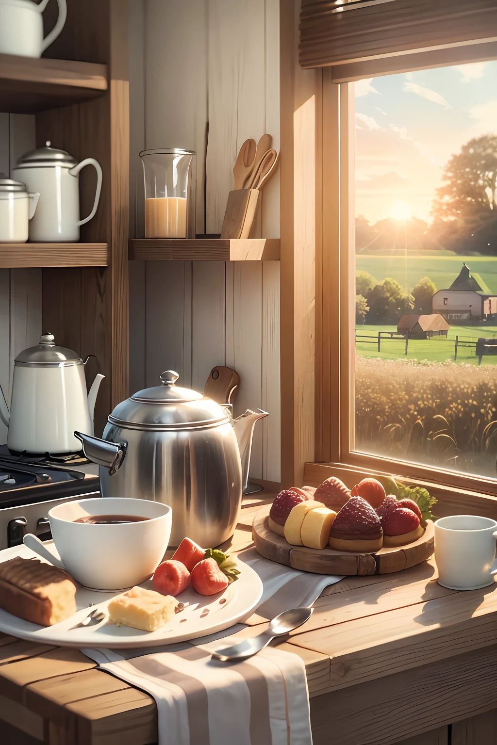 A farm with a rustic kitchen with kitchen accessories on shelves on the wall. A wooden table with a hearty breakfast, with homemade cake, juice, milk, coffee cups, flowers. The rising sun enters through the window illuminating the environment with natural light. Extremely realistic, detailed scene with background blur and wide-angle lens. --auto --s2