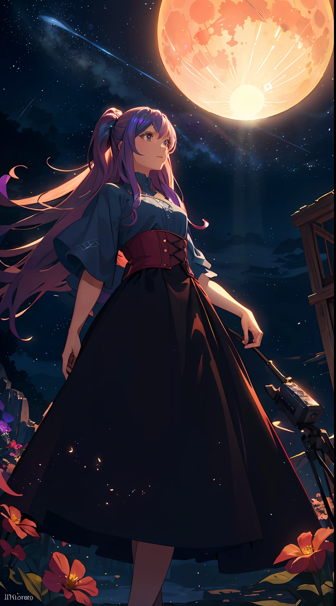 expansive landscape photograph , (a view from below that shows sky above and open field below), a girl standing on flower field looking up, (full moon:1.2), ( shooting stars:0.9), (nebula:1.3), distant mountain, tree BREAK
production art, (warm light source:1.2), (Firefly:1.2), lamp, lot of purple and orange, intricate details, volumetric lighting, realism BREAK
(masterpiece:1.2), (best quality), 4k, ultra-detailed, (dynamic composition:1.4), highly detailed, colorful details,( iridescent colors:1.2), (glowing lighting, atmospheric lighting), dreamy, magical, (solo:1.2)