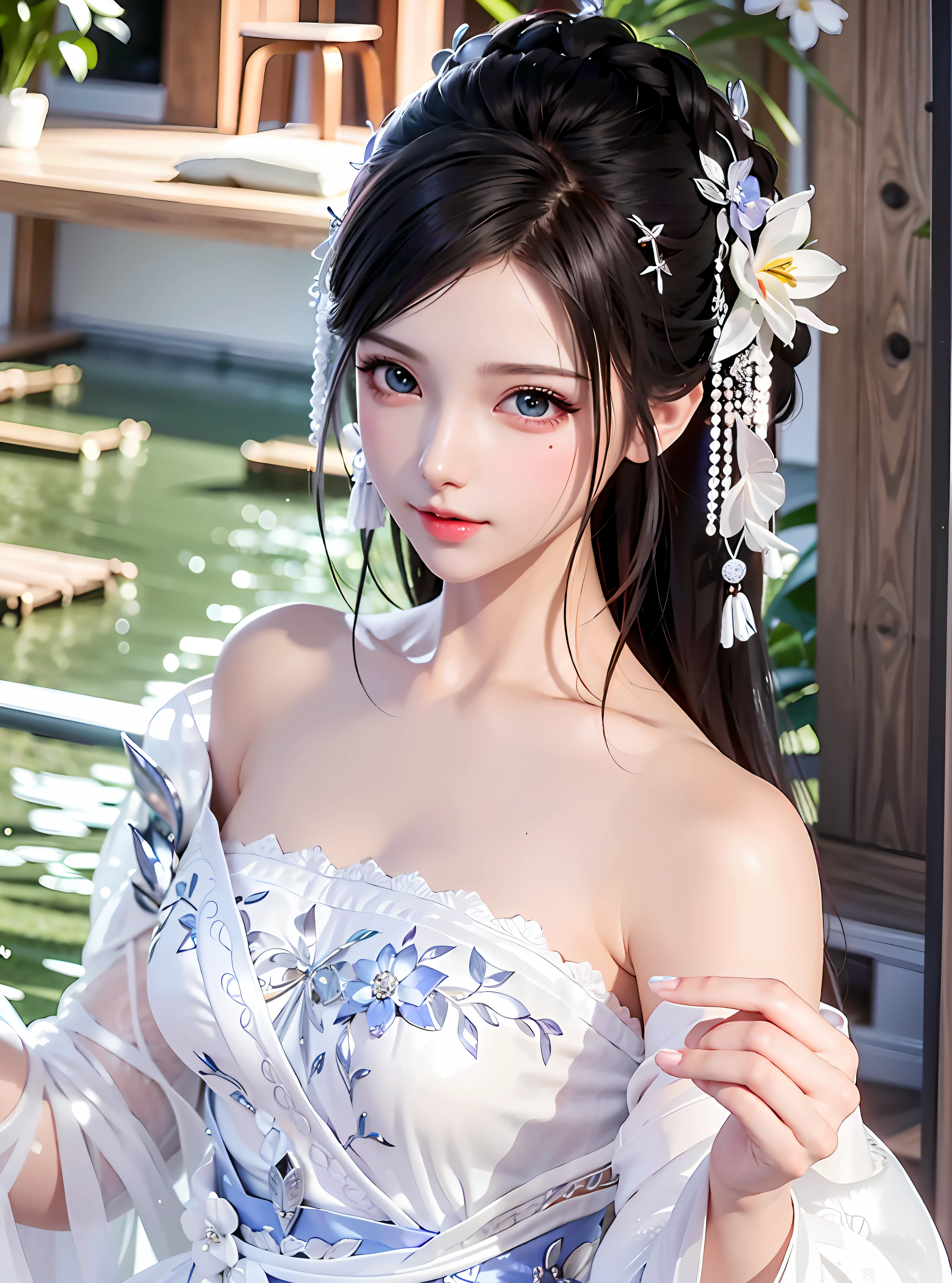 (Masterpiece, Monochrome, Color: 1.0), (Highest Quality: 1.2), (Ultra Quality: 1.1), Masterpiece, Best Quality, (Very Detailed CG Unity 8k Wallpaper), (Best Illustration), (Best Shadow), Big Breasts, Satin Dress, Clear Lines, Fine Lines, Red Lips, Delicate Headdress, Slender Waist, Shooting, Bright Colors, Symmetrical Face, Perfect Skin, Volumetric Light, Stunning Environment, Rich Detail, Hyper-Realism, Intricate Hair Accessories, Cinema Lights, Bright Light , bright colors, bokeh background ,