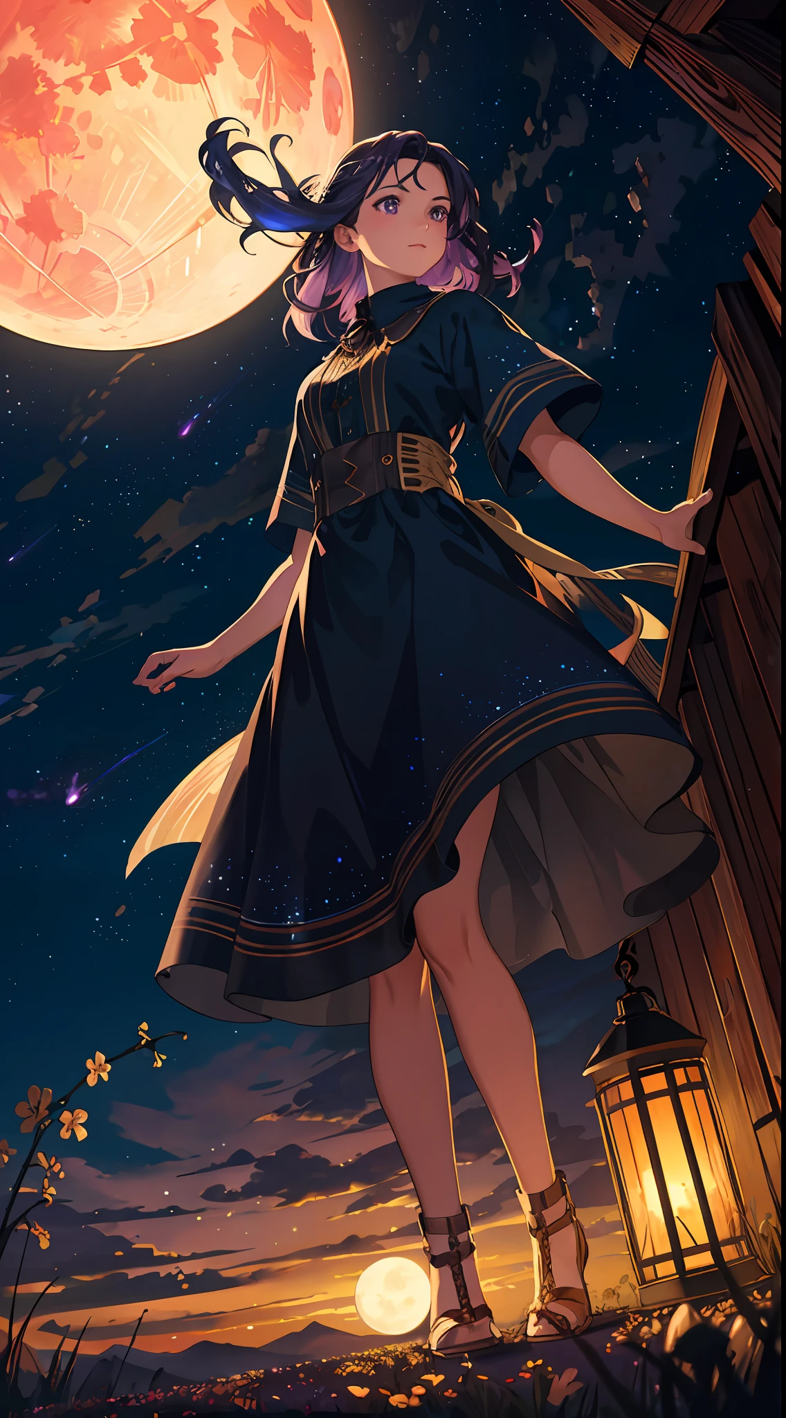 expansive landscape photograph , (a view from below that shows sky above and open field below), a girl standing on flower field looking up, (full moon:1.2), ( shooting stars:0.9), (nebula:1.3), distant mountain, tree BREAK
production art, (warm light source:1.2), (Firefly:1.2), lamp, lot of purple and orange, intricate details, volumetric lighting, realism BREAK
(masterpiece:1.2), (best quality), 4k, ultra-detailed, (dynamic composition:1.4), highly detailed, colorful details,( iridescent colors:1.2), (glowing lighting, atmospheric lighting), dreamy, magical, (solo:1.2)
