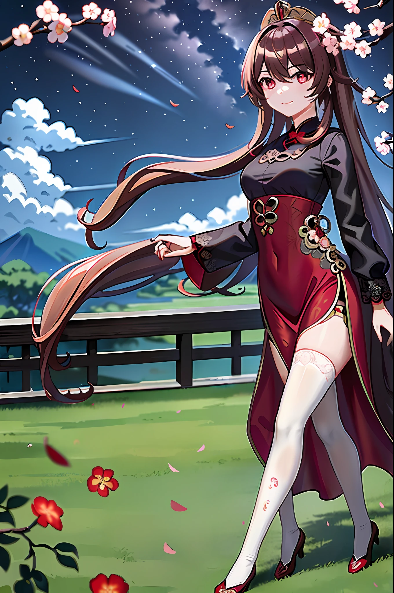 (((masterpiece))),best quality, hutao\(genshin\), 1girl,brown hair,(red eyes), (plum blossom shaped eyes), (beautiful detailed eyes), seductive smile, closed mouth, wariza/w-sitting, medium breasts, long dress,(((red dress))),long sleeves,black footwear,earrings, ((white thighhighs)), cloud, sky, beautiful detailed sky,landscape, in a meadow,