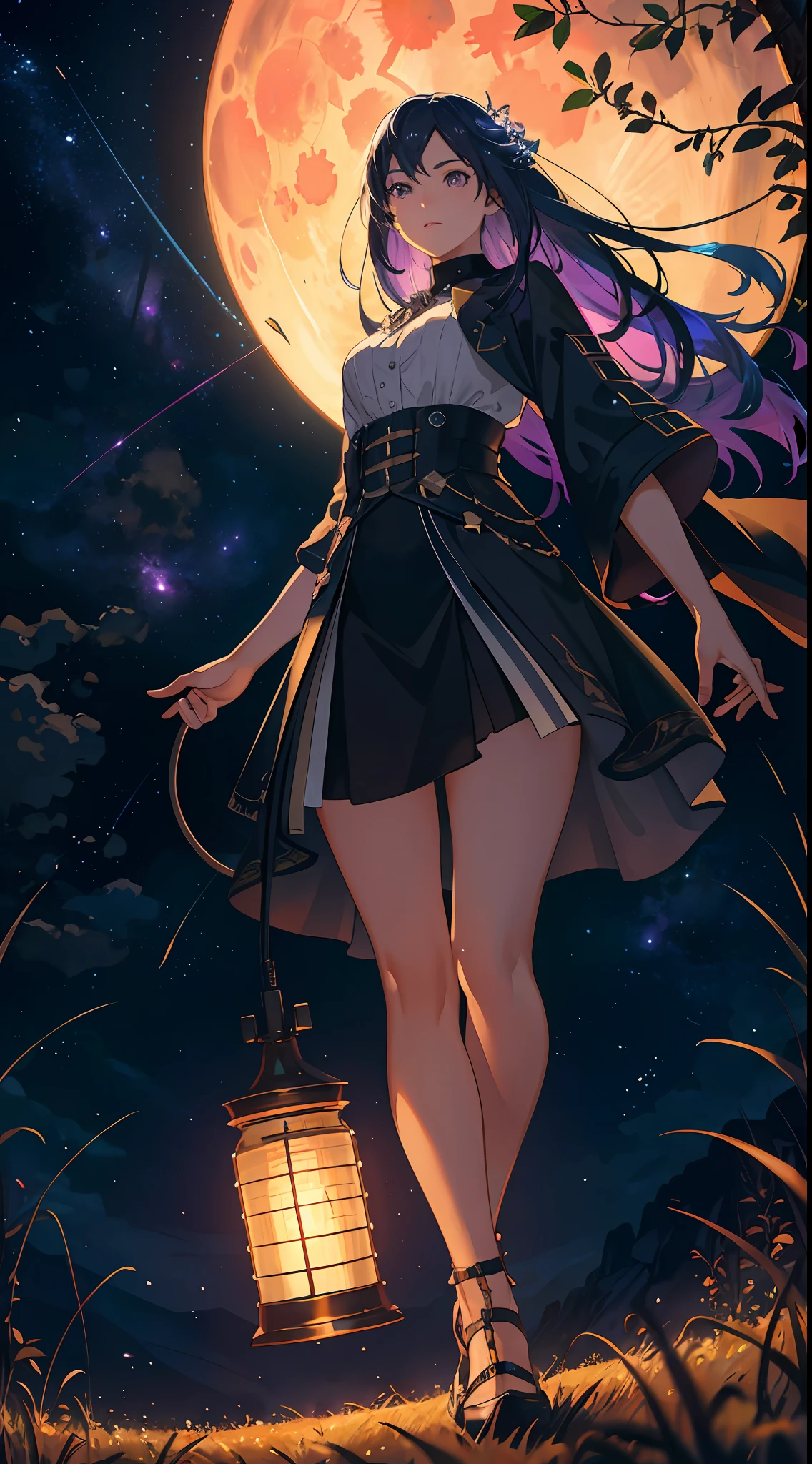 expansive landscape photograph , (a view from below that shows sky above and open field below), a girl standing on flower field looking up, (full moon:1.2), ( shooting stars:0.9), (nebula:1.3), distant mountain, tree BREAK
production art, (warm light source:1.2), (Firefly:1.2), lamp, lot of purple and orange, intricate details, volumetric lighting, realism BREAK
(masterpiece:1.2), (best quality), 4k, ultra-detailed, (dynamic composition:1.4), highly detailed, colorful details,( iridescent colors:1.2), (glowing lighting, atmospheric lighting), dreamy, magical, (solo:1.2)