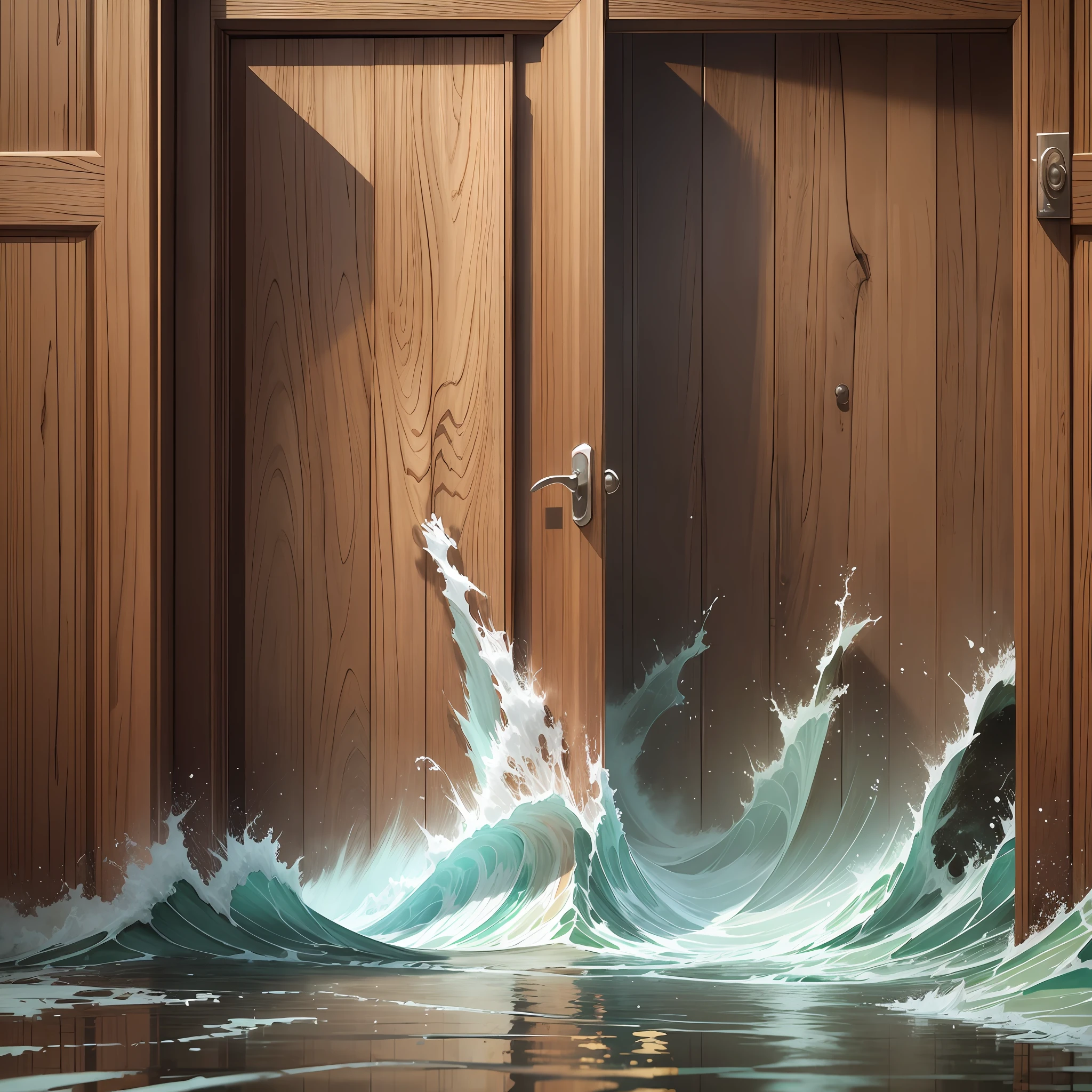 wooden door, flood, break in, high quality, masterpiece, illustration, super detail, particle effects, unrealistic flood, magic, tsunami level flood, shock, flood