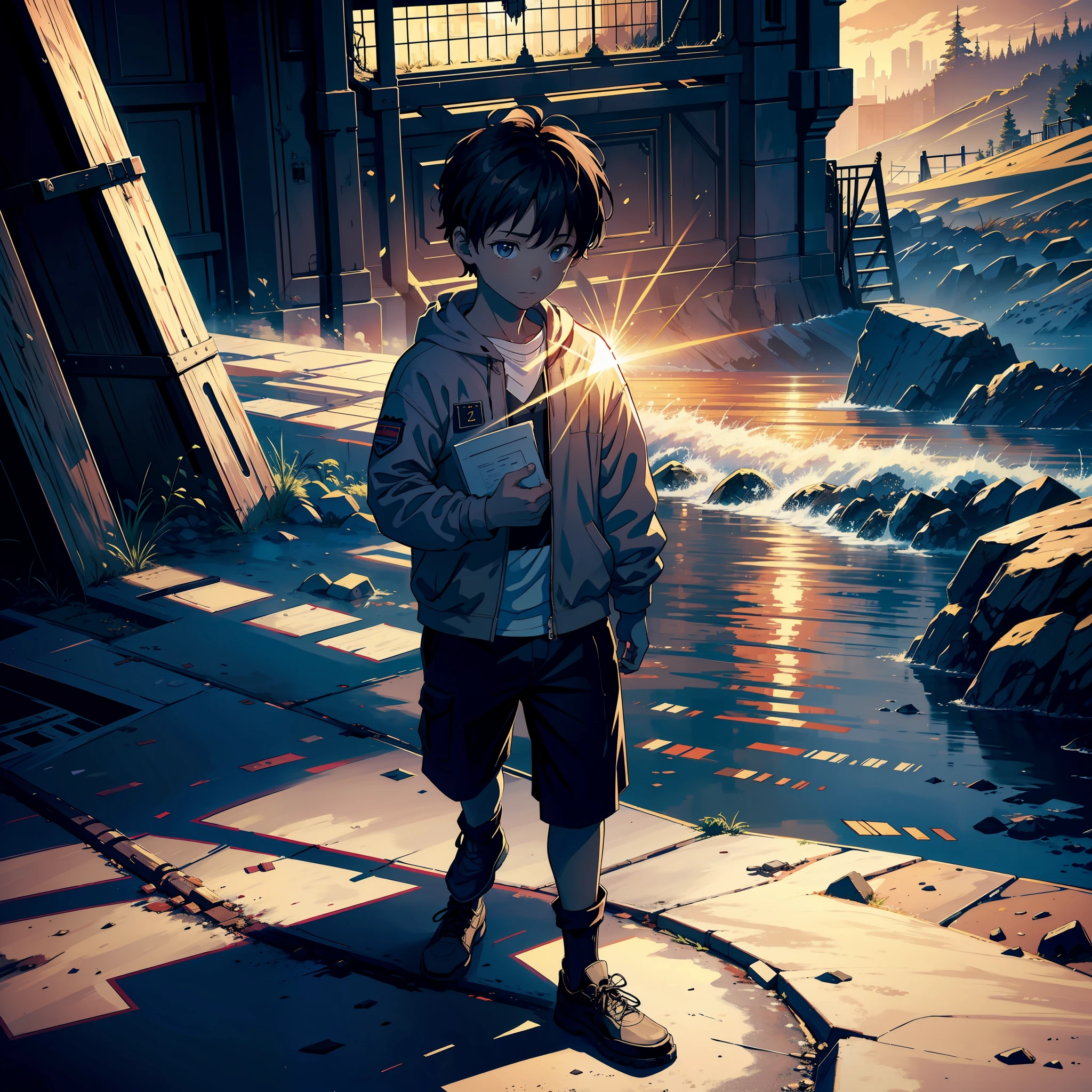 Masterpiece, official art, 8k, Masterpiece, best quality, highly detailed, a ragged boy holding an acceptance letter from a university with a background of a digger, the  boy who was admitted to the university :1.2, a littlerom a poor background overcoming adversity, laser hologram, Sacred Movie Edge, virtual and real contrast, soft focus, light and dark contrast

Conceptual art,
