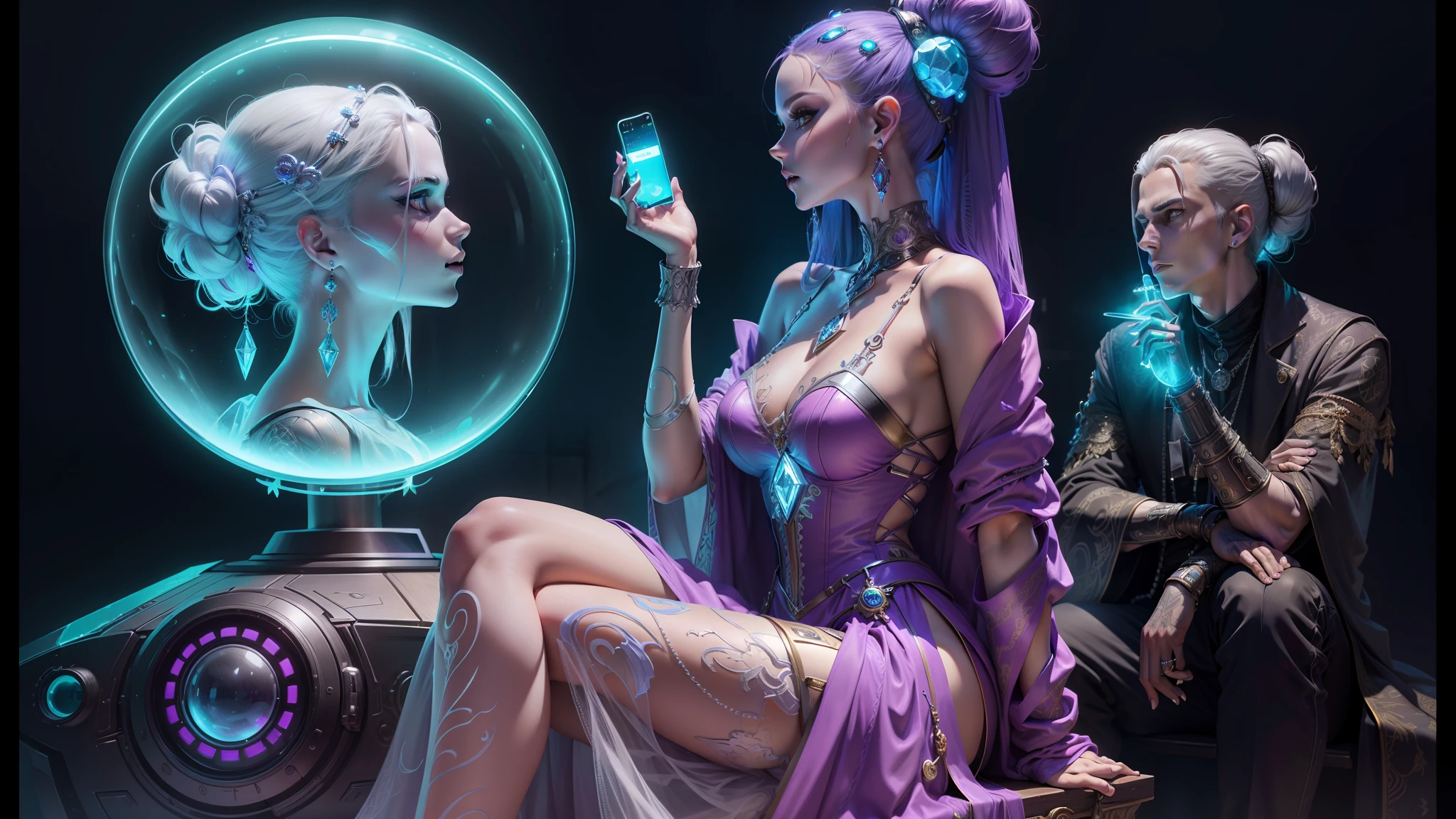 a woman and a man sitting in a chair with a glass in front of them, ornate cyberpunk robes, photography by model kerli koiv, inspired by Victor Nizovtsev, she is holding a smartphone, ancient alien stone statues, miss aniela, cyberpunk 2049, art - gem, shot with anamorphic lens, vecna --auto --s2