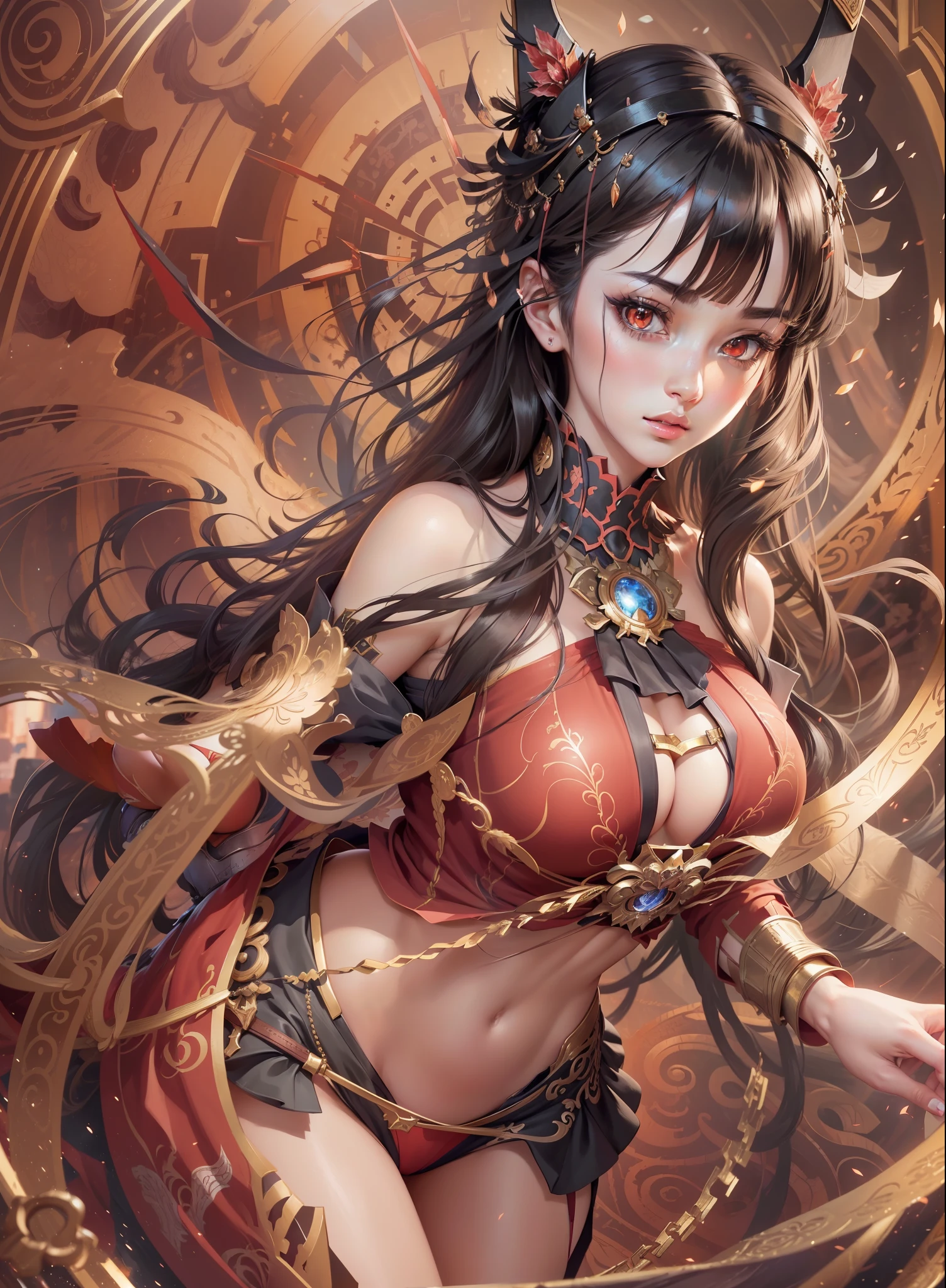 (hyperrealistic), (illustration), (high resolution), (8K), (extremely detailed), (best illustration), (beautiful detailed eyes), (best quality), (super detailed), (masterpiece), (wallpaper), (detailed face), solo, 1 girl, black hair with bangs, korean, red eyes, elegant outfit with armor, medium breasts, long legs, tight abs, (no panties), ((anime style))