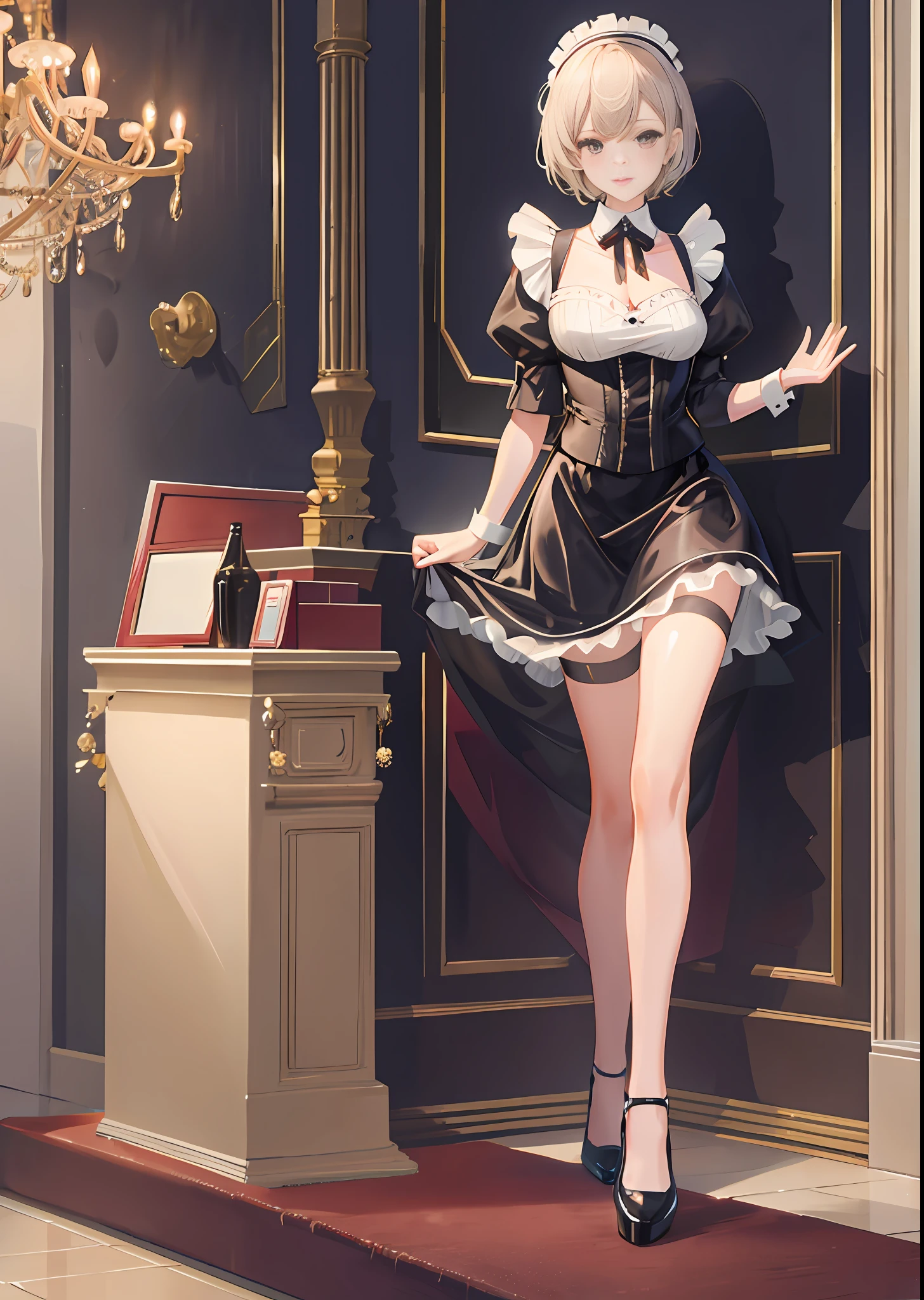 Full body photo of beautiful sexy maid in very short skirt and seamed stockings, stands_straight, (solo)), adult, banquet Room with Dazzling Chandeliers, high heels, craving, strokes_herself