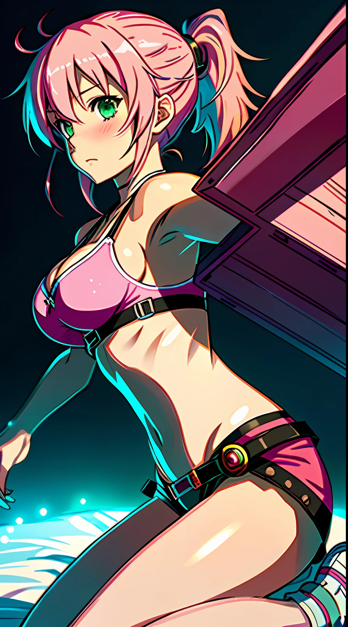 best quality, 8k, sharp focus, depth of field, best shadows, perfect lights, HDR, realistic skin texture, detailed, hyper detailed background, solo, 1 woman, Yuna crawford, pink hair, short ponytail and messy bangs, green eyes, small boobs, lying in bed, pink bra and box, pink sneakers, white socks, shoulders showing, anime style inspired by trails of cold steel IV, lewd, ecchi, blushing, armpit