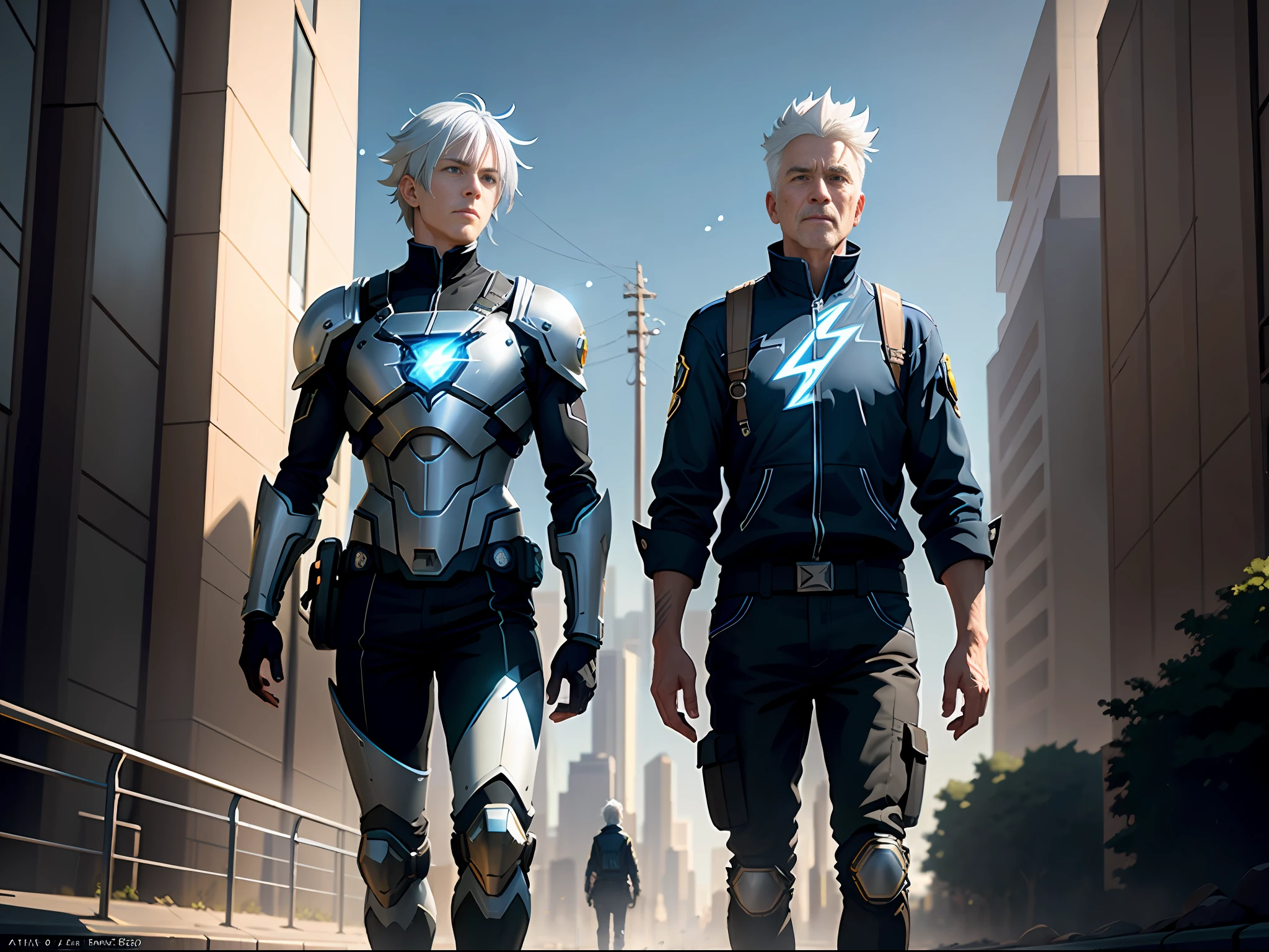 (City street in the background, white-haired old man wearing mechanical armor:1.2, and emitting blue and black lightning particle effects), 3D rendering, (cinematic light effects, cinematic special effects), bangs, black hair, black shirt, solo, 8K resolution, very detailed, clear digital painting, concept art, (pixiv trend and artstation trend with Makoto Shinkai's style).