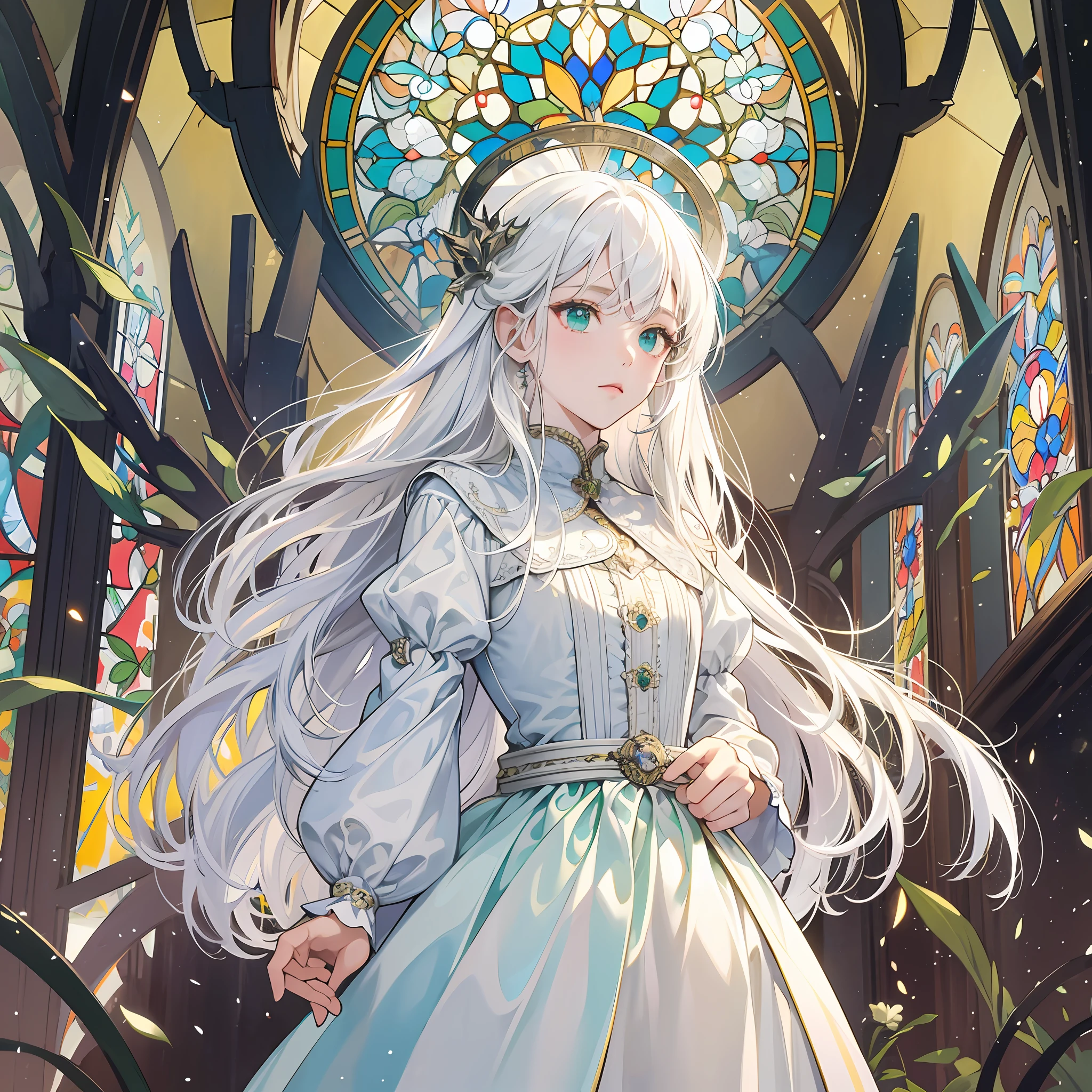 Masterpiece, ((best quality)), highly detailed, stained glass style, upper body, solo, (white_hair), long white hair, green eyes, petite, angel, halo, white_dress, --auto --s2