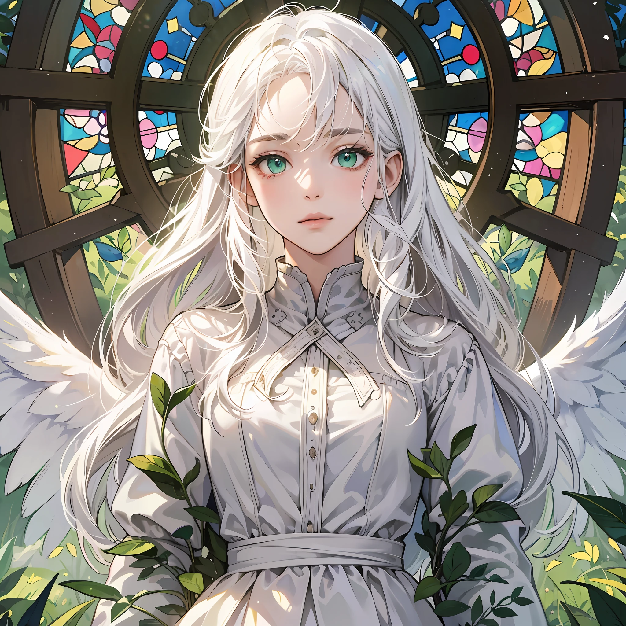 Masterpiece, ((best quality)), highly detailed, stained glass style, upper body, solo, (white_hair), long white hair, green eyes, petite, angel, halo, white_dress, --auto --s2