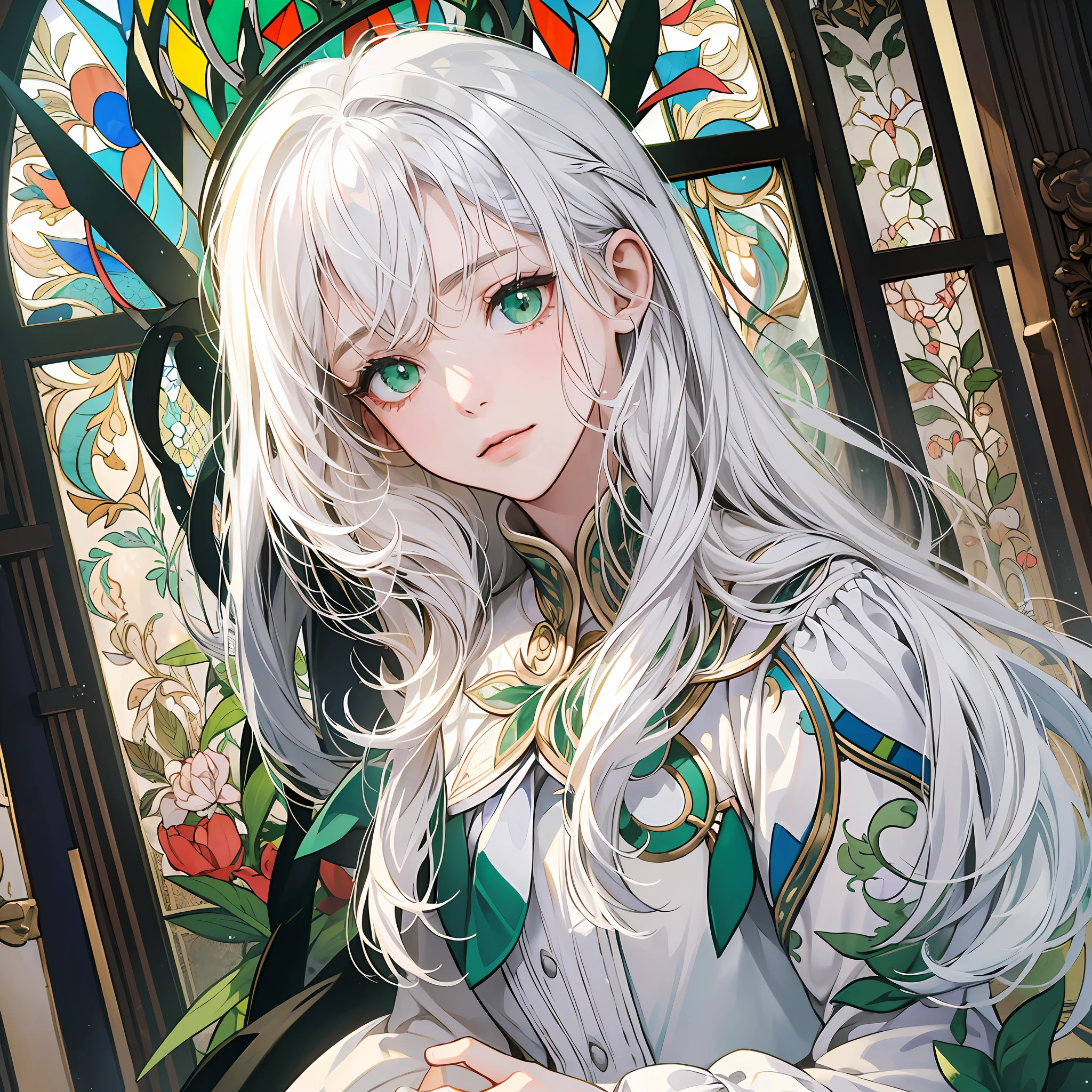Masterpiece, ((best quality)), highly detailed, stained glass style, upper body, solo, (white_hair), long white hair, green eyes, petite, angel, halo, white_dress, --auto --s2