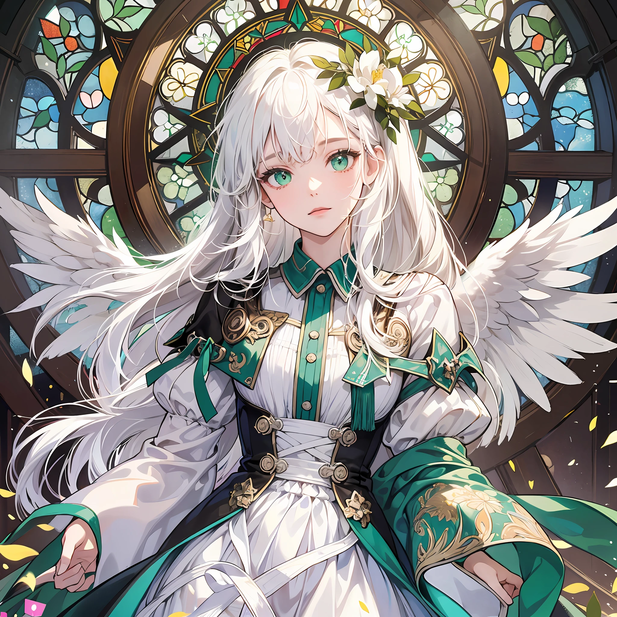 Masterpiece, ((best quality)), highly detailed, stained glass style, upper body, solo, (white_hair), long white hair, green eyes, petite, angel, halo, white_dress, --auto --s2