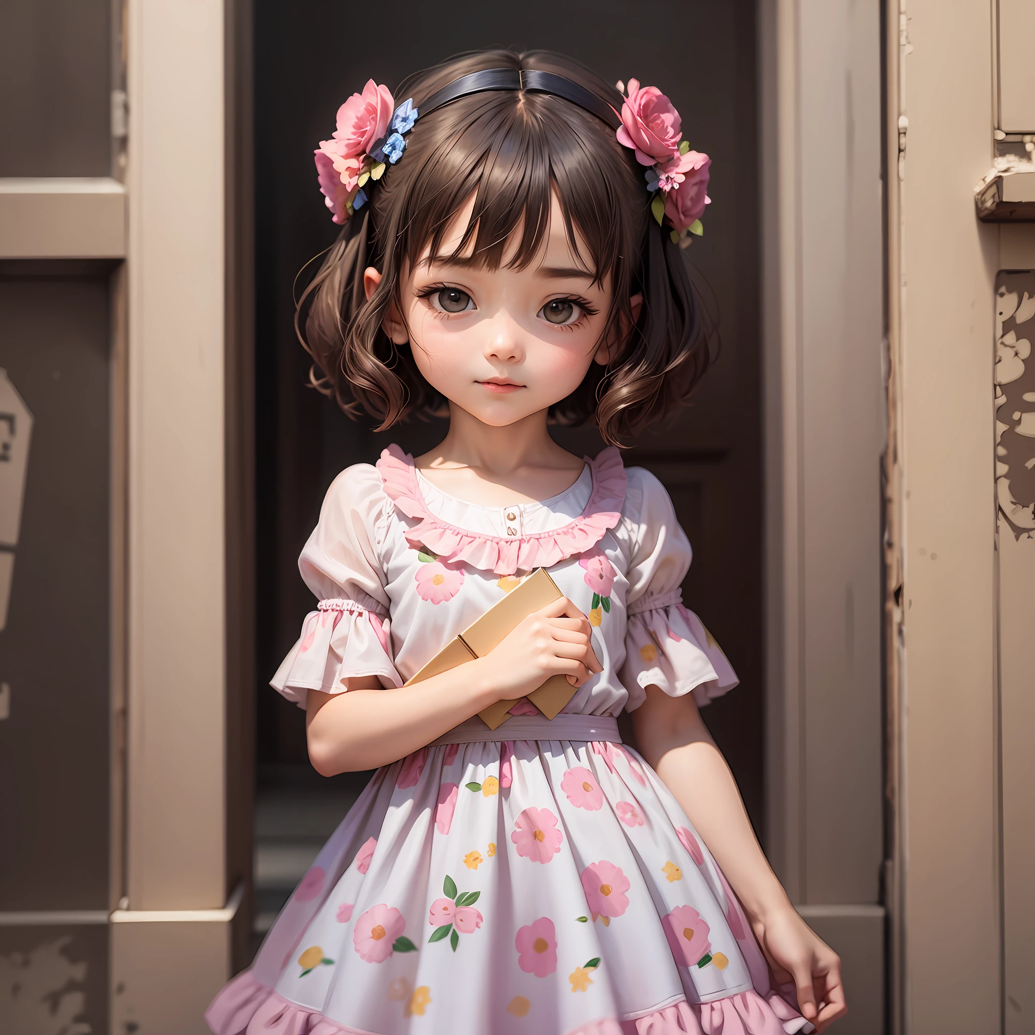 Little girl in floral dress holding, letter ABC dancing --auto --s2