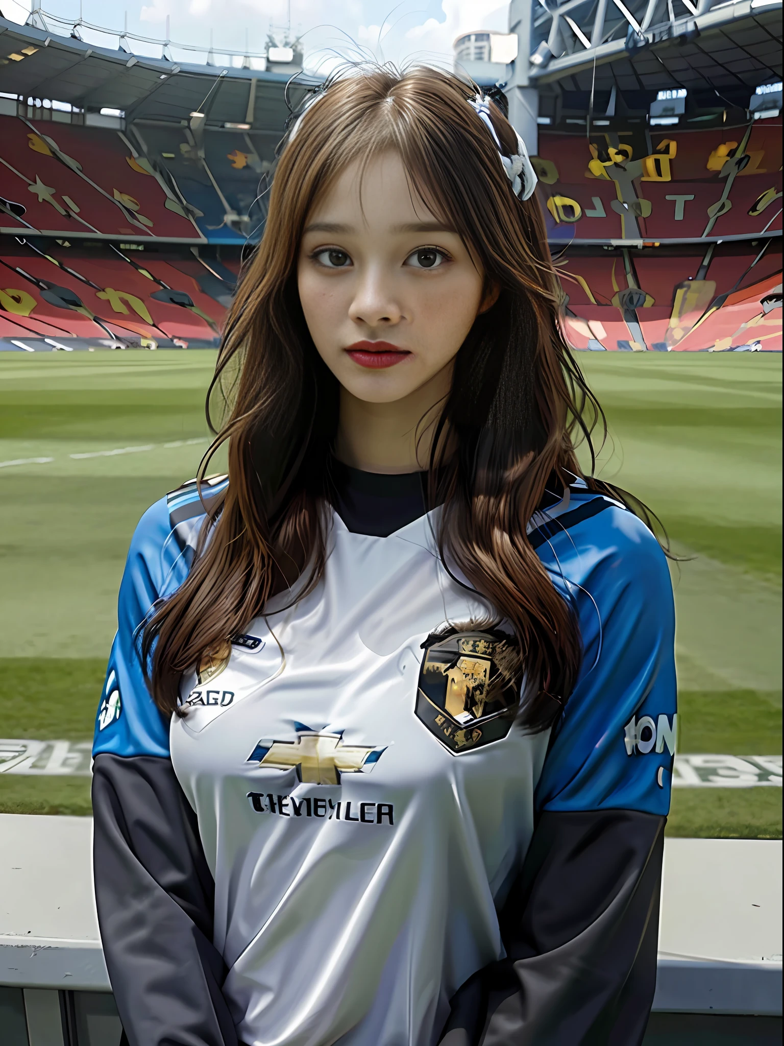 Beautiful women, big breast, long hair, wear ((manchester united jersey)), at stadium, realistic, high detailed face and eyes, hyperrealistic, masterpiece, high detailed clothes, ultra HD 8K, high resolution images