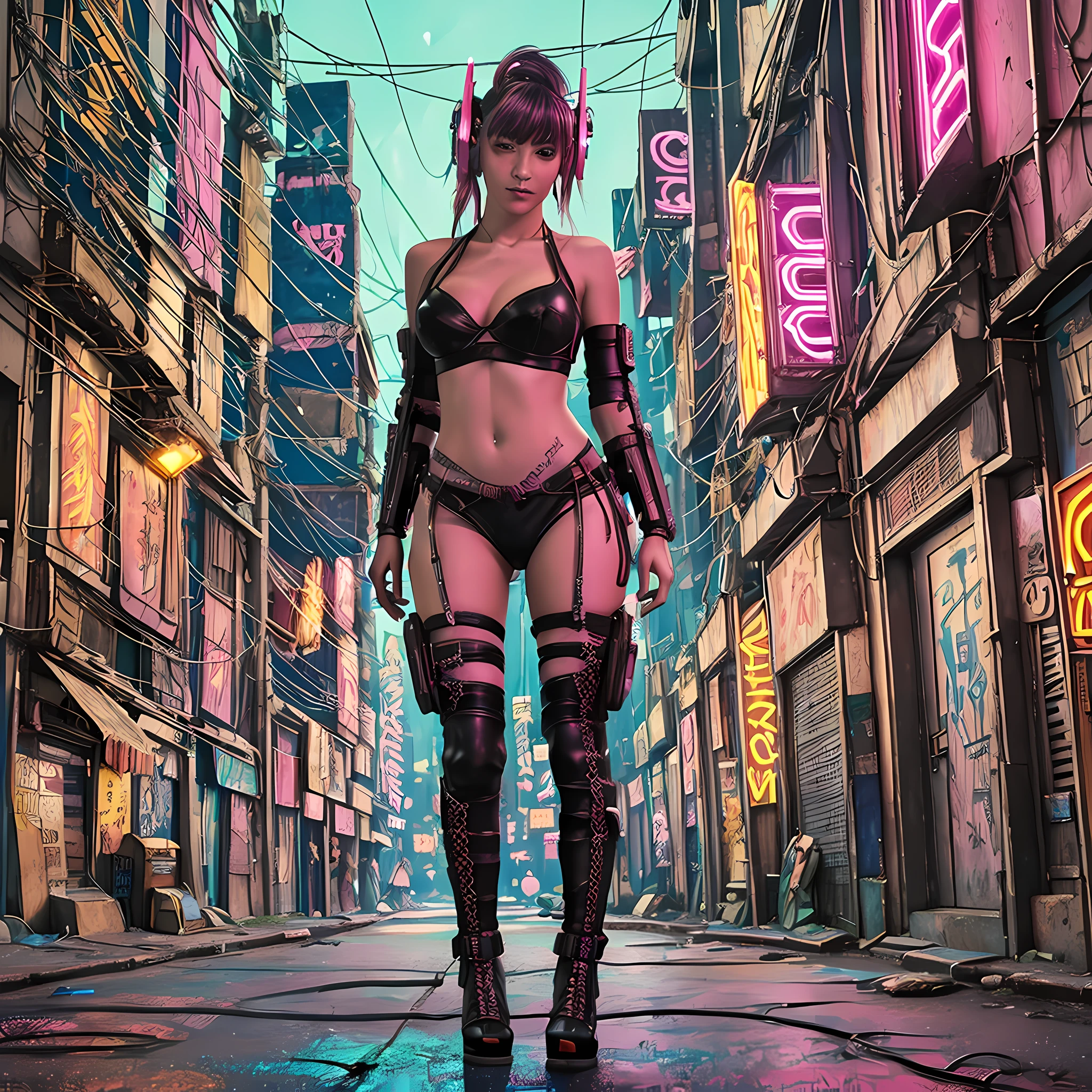 (an artistic photograph of a cyberpunk prostitute),full body shot, centered, (extremely detailed:1.2), (intricate neon slums in the background:1.1), hyper-detailed, (soft lighting:1.2), high resolution, filmic grain.