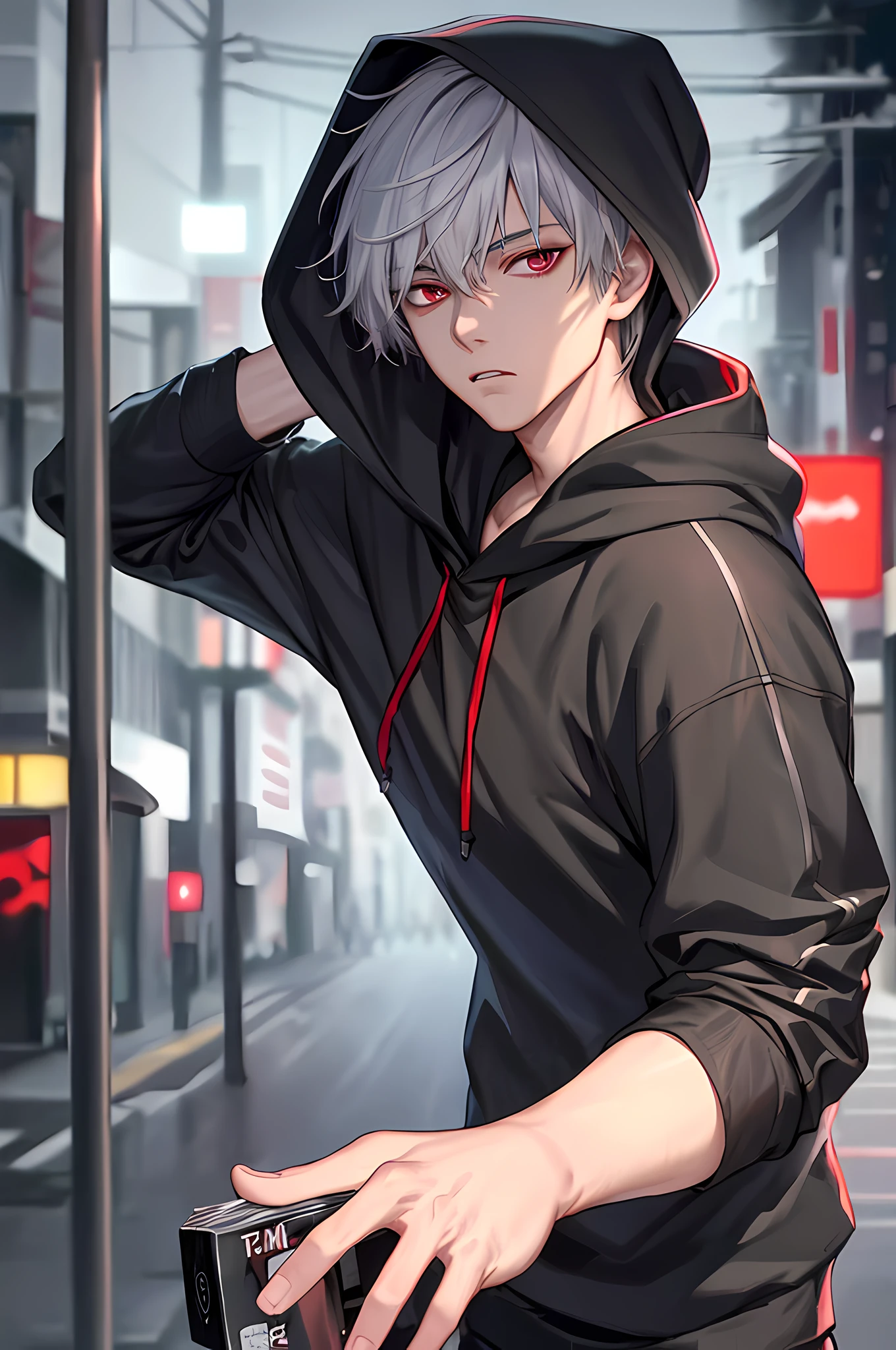 kk, best quality, more details, mastery, 1boy, kaneki ken, portrait, male focus, red eyes, solo, bangs, looking at viewer, hood, short hair, rain, tokyo tokyo \(city\), bandana, nail polishing, gray hair, luxury, 8k, details, ray tracing, depth of field, movie lighting, bust, neon street background, (with hood)
