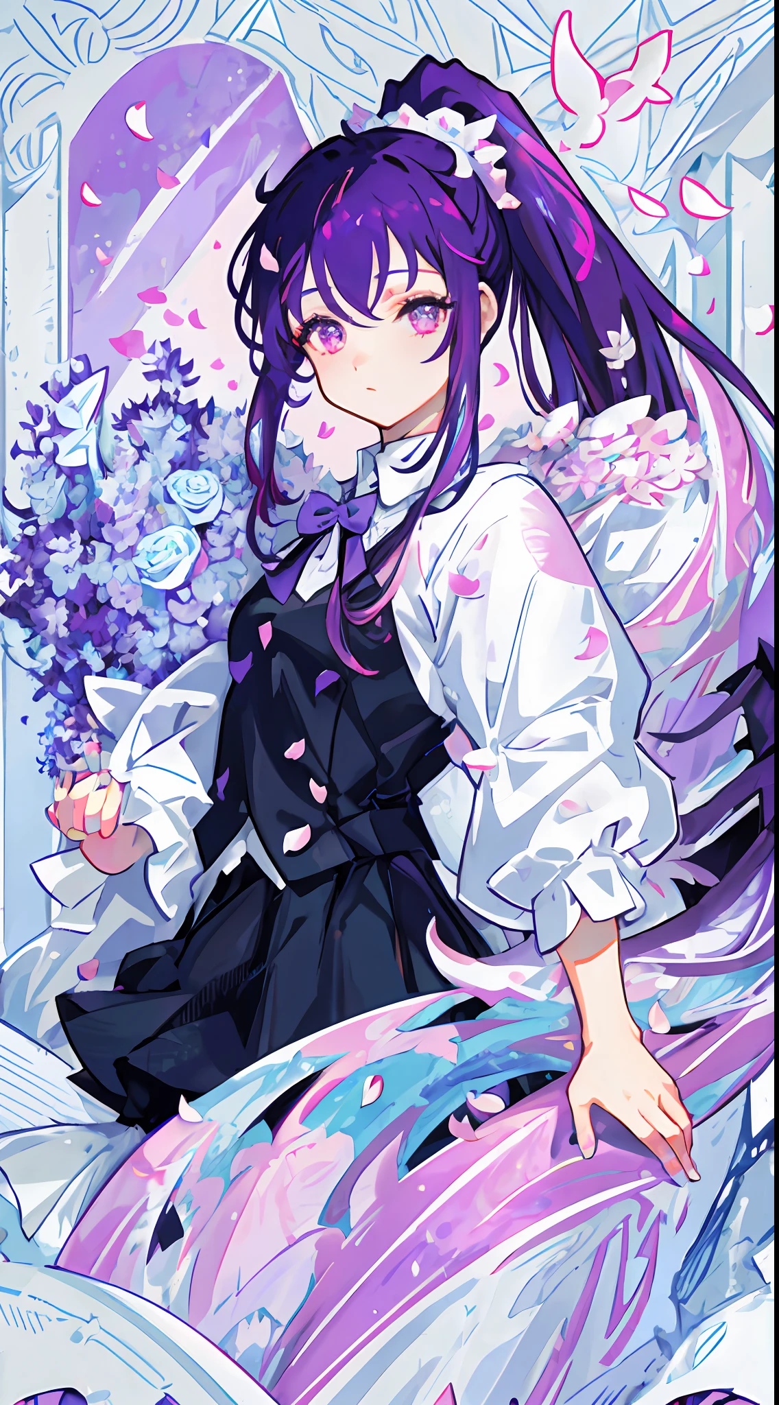 ((Masterpiece, Best Quality)), (Negative Space: 1.2), (1 Girl, Solo: 1.4), Petals, Pink Eyes, Dragon Girl, Long, Purple Hair, High Ponytail, Liquid Hair, Flowers, Dragon Background, Front
