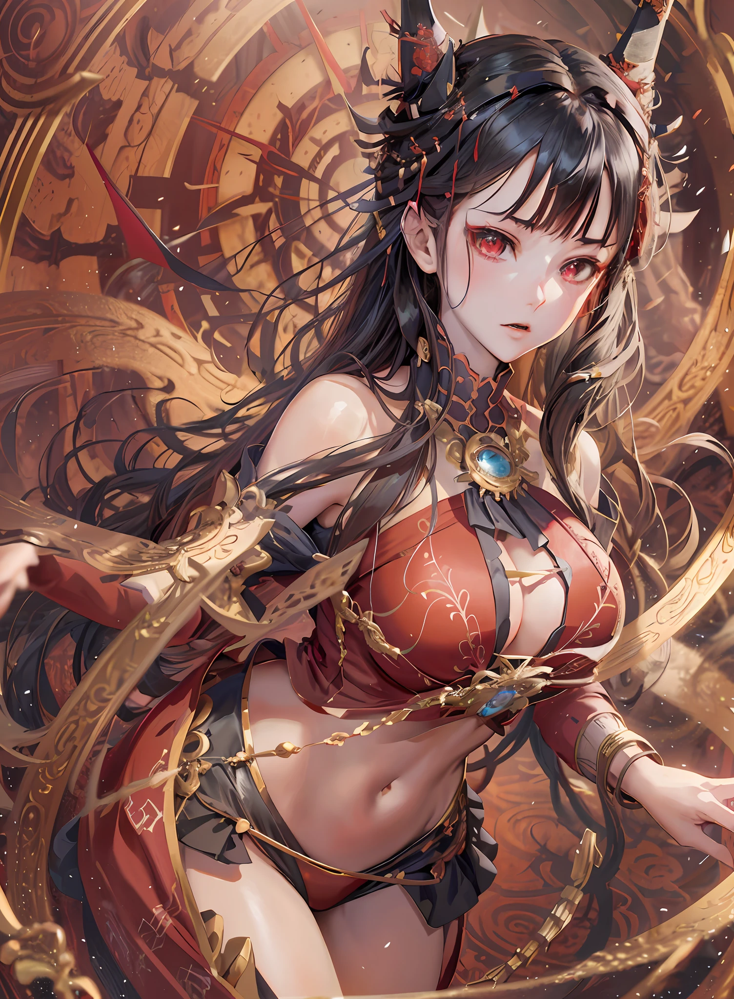 anime girl with horns and red dress in a circular frame, 2. 5 d cgi anime fantasy artwork, anime fantasy artwork, detailed digital anime art, anime fantasy illustration, anime goddess, beautiful alluring anime woman, 8k high quality detailed art, detailed anime artwork, seductive anime girl, anime style 4 k, 4k highly detailed digital art, kawacy