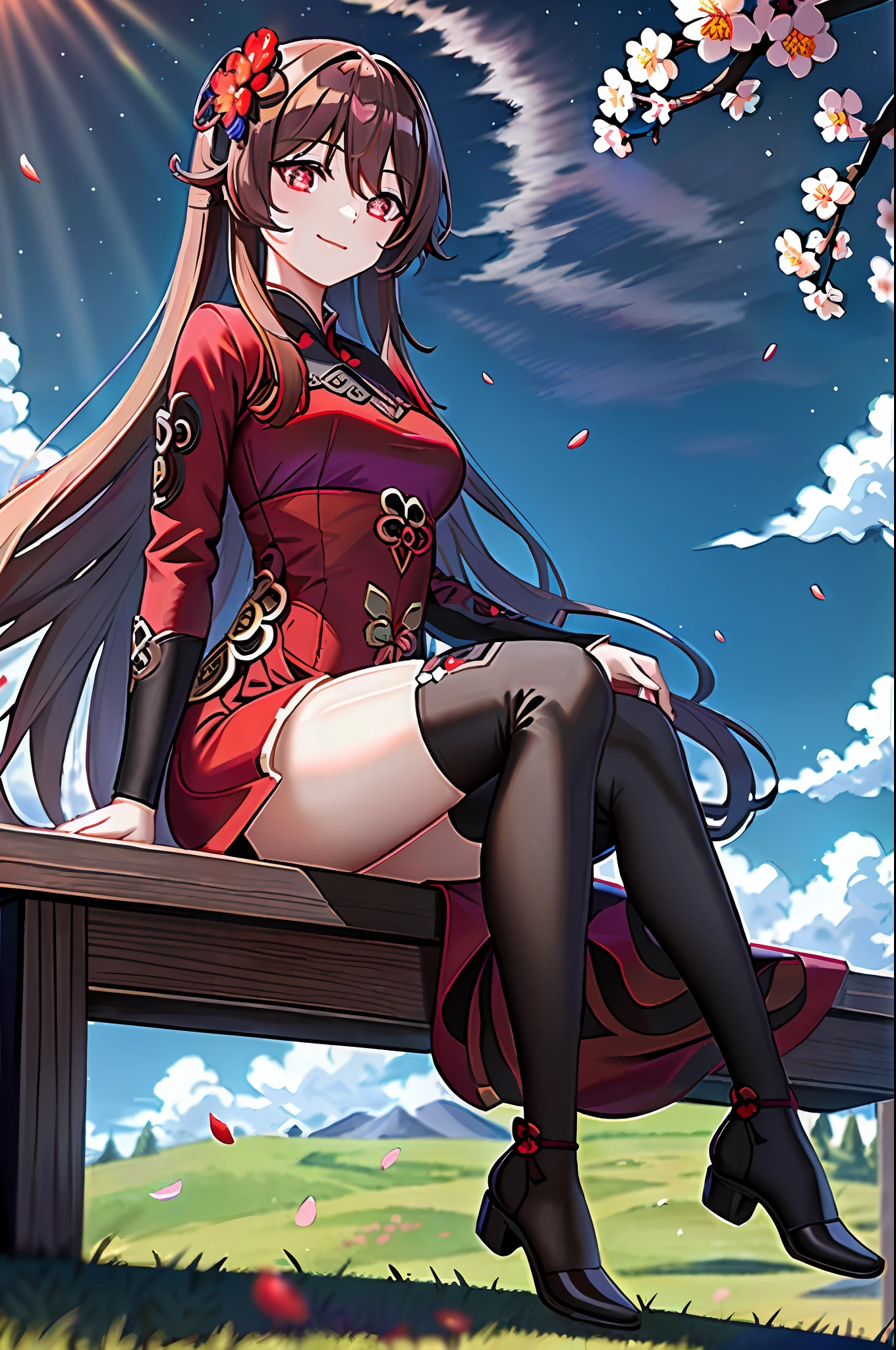 (((masterpiece))),best quality, hutao\(genshin\), 1girl,brown hair,(red eyes), (plum blossom shaped eyes), (beautiful detailed eyes), seductive smile, closed mouth, wariza/w-sitting, medium breasts, long dress,(((red dress))),long sleeves,black footwear,earrings, ((white thighhighs)), cloud, sky, beautiful detailed sky,landscape, in a meadow,