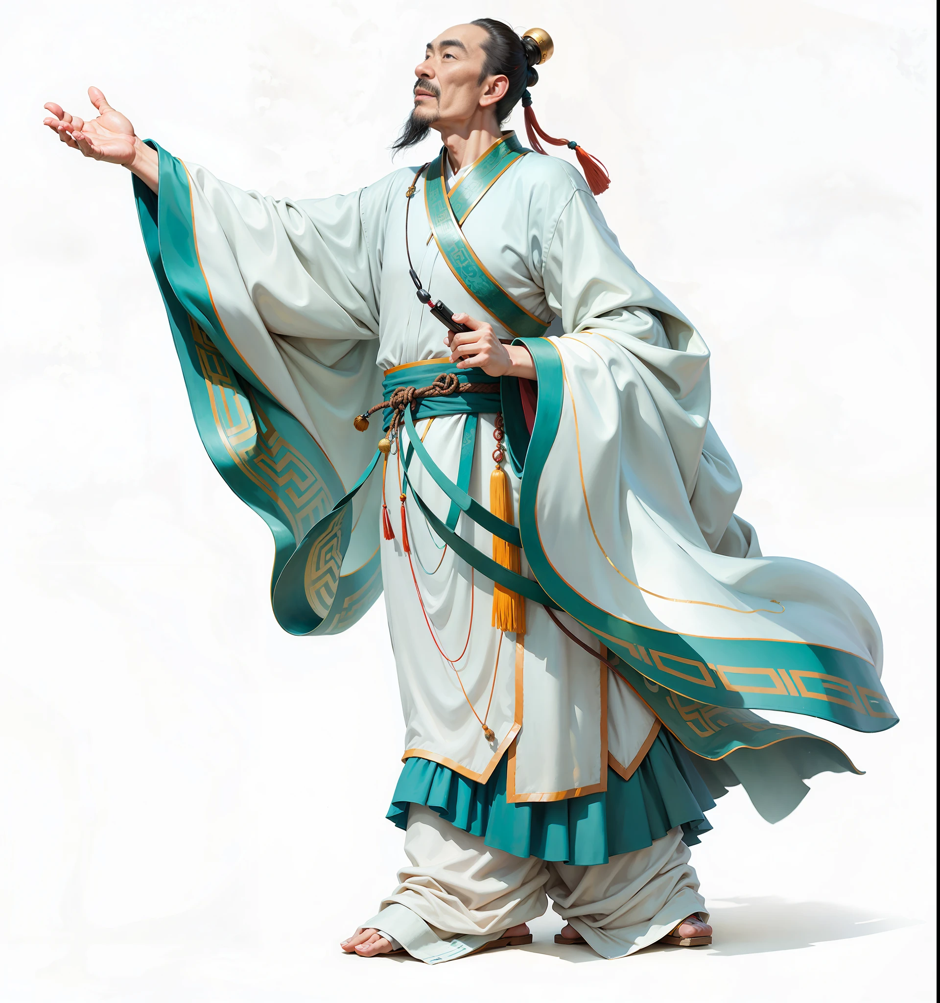 An ancient Chinese man, looking up and wearing Han clothes, chanting poetry movements, flowing long sleeves, background is ink landscape, HD, 8K