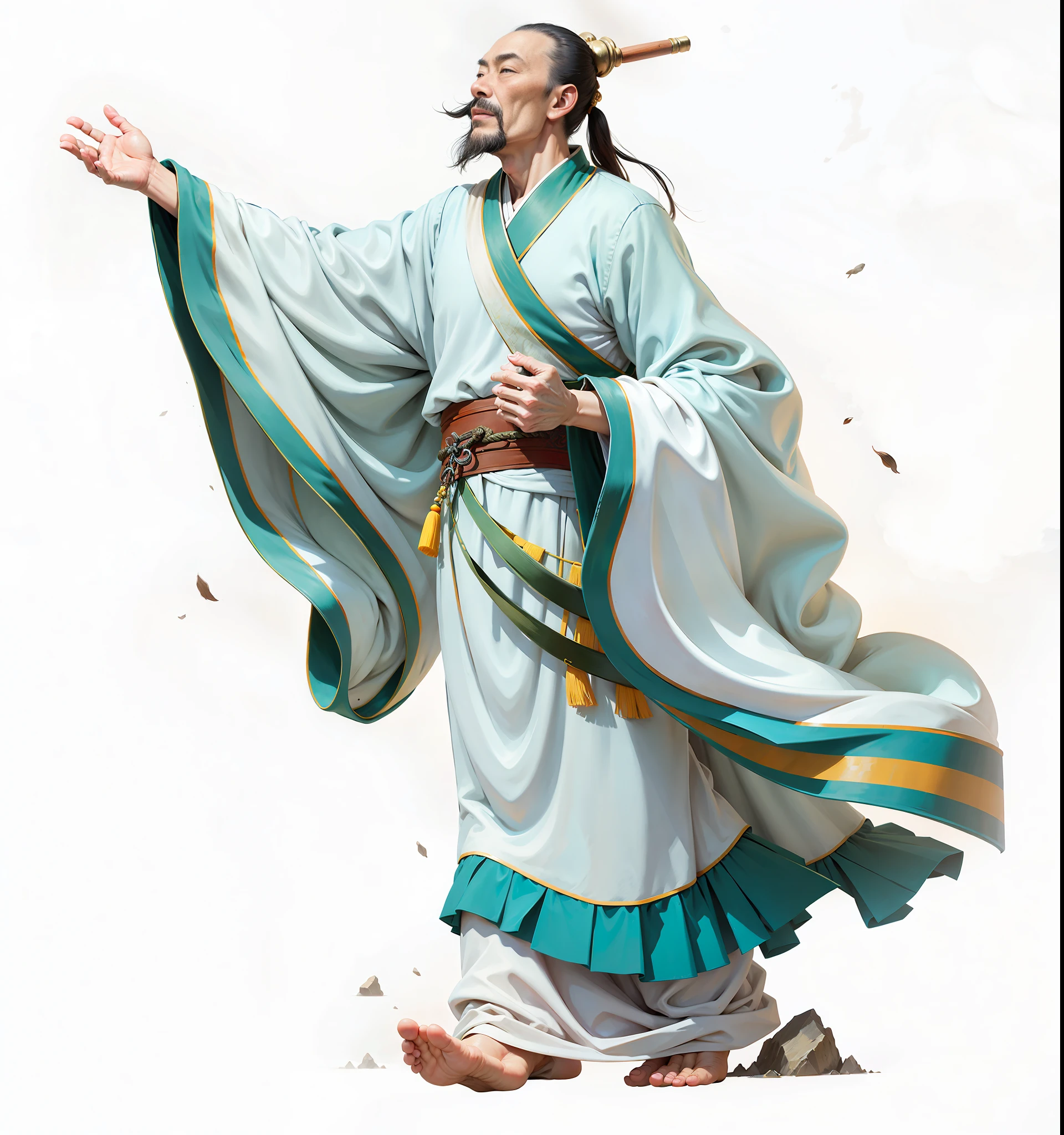 An ancient Chinese man, looking up and wearing Han clothes, chanting poetry movements, flowing long sleeves, background is ink landscape, HD, 8K