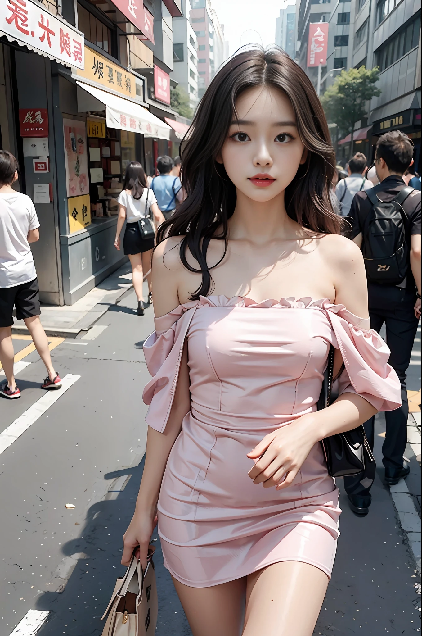 Chengdu Taikoo Li Street Photo Pink slip dress, off-the-shoulder bandeau Big wavy hair Street white skin