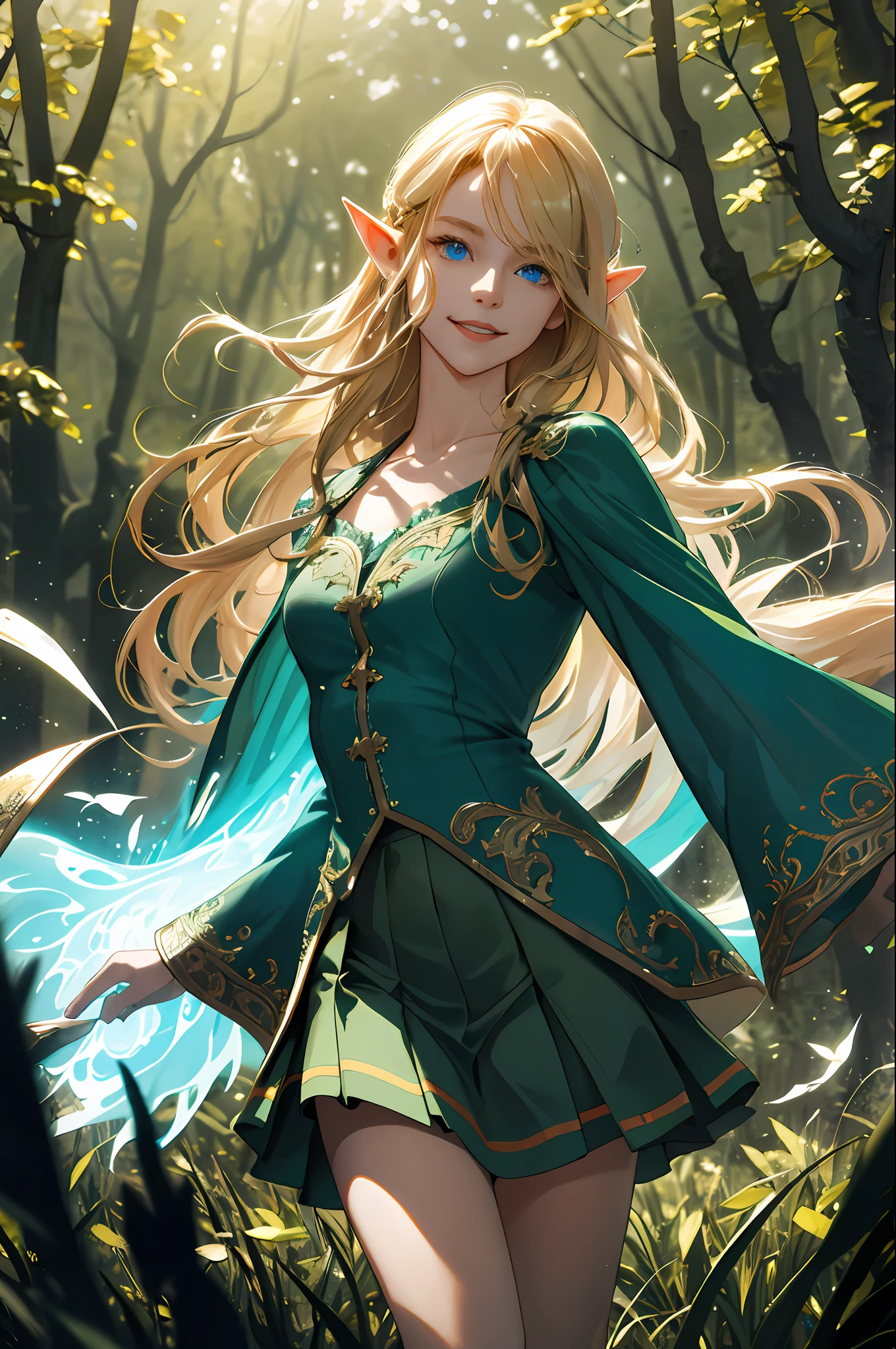 (absurd, high resolution, super detail), elf, pretty face, 1 woman, 16 years old, straight long hair, beautiful golden hair, hair fluttering in the wind, blue eyes, bangs, detailed eyes and detailed face, highly detailed CG unified 8k wallpaper, intricate details, (Style - Swirl Magic: 1.0), viewer view, solo, detailed background, full body, detailed face, (Gothic Dark Age theme: 1.5), green light clothes, very short green skirt, white boots, collarbone, dynamic pose, forest-themed clothes, glowing magic fragments, deep forest, backlight, magic airborne particles, magnificent ethereal atmosphere, updraft, portrait, blurry background, smile,