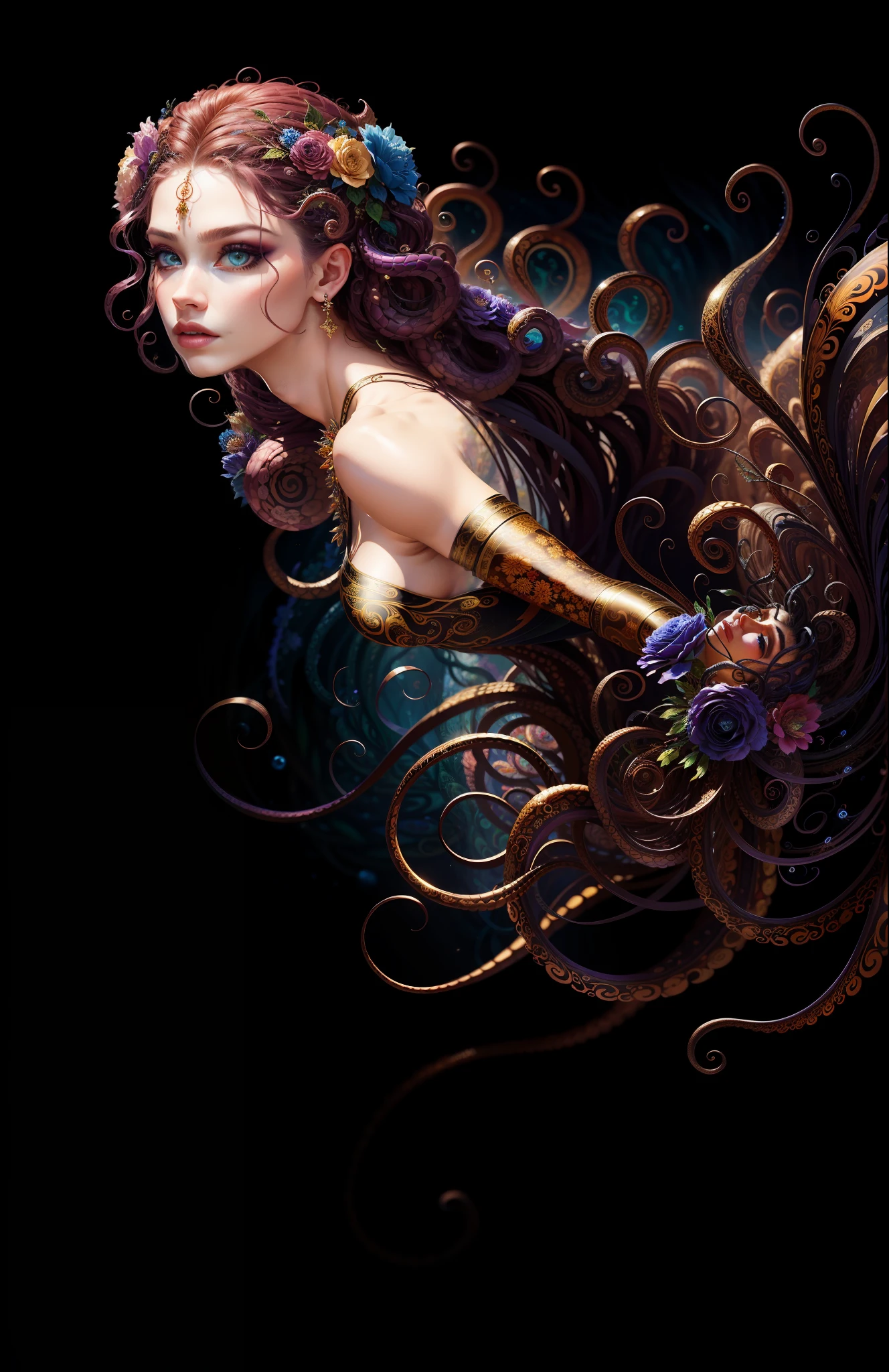((Top Quality)), ((Masterpiece)), ((Realistic)), Medusa, Hair is a myriad of small snakes, pretty faces, black eyes, official art, unity 8k wallpaper, ultra detailed, beautiful and aesthetic, (ecstasy of flowers:1.2), (fractal art:1.3), upper body, extreme detail, dynamic angles, cowboy shots, most beautiful forms chaos, elegance, brutal design, vivid colors, surreal romanticism, fantastic, whirlwind, (looking back at the viewer), strong tonal makeup, extremely realistic face, Detailed face, detailed nose, very detailed lips, intricate clothes, complex background, no extra arms, no more than 2arms,