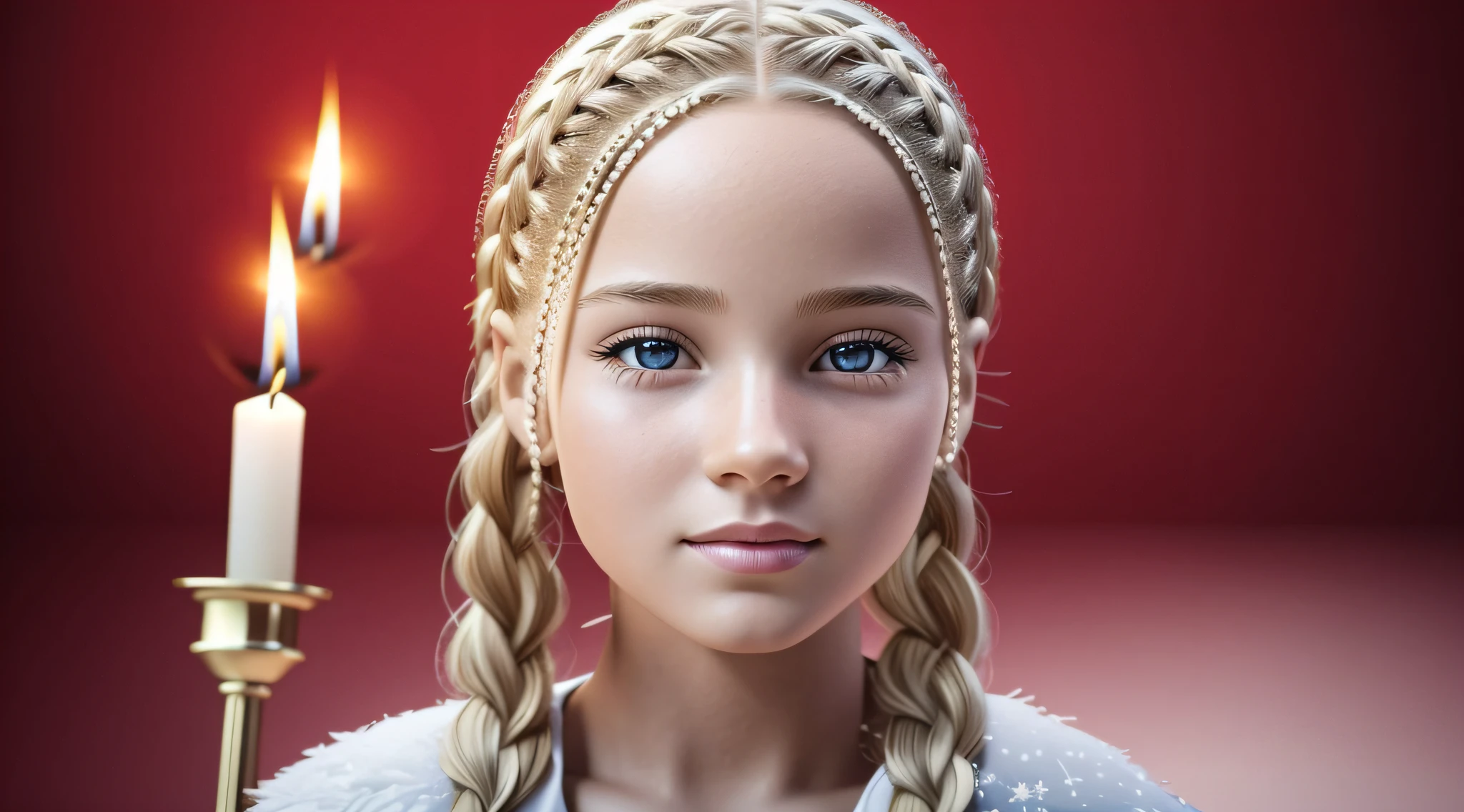 10 YEAR OLD GIRL LONG BLONDE HAIR WITH BRAIDS ,ULTRA REALISTIC, MASTERPIECE, , PHOTOREALISTIC, CANDLES AND FIRE , RED BACKGROUND, LIGHT TOUCH OF SNOW, (raw photo: 1.2), (photorealistic: 1.4), (best quality: 1.4), (ultra highres: 1.2), (highly detailed: 1.3), --auto --s2