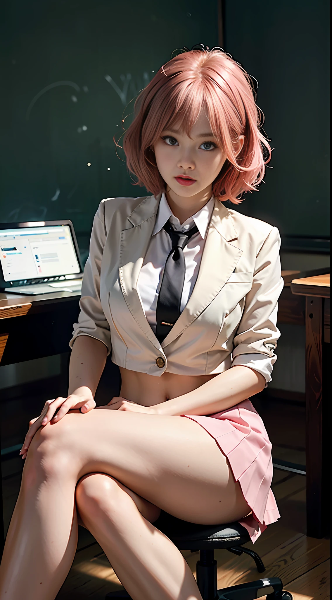 (photogenic, 8k, RAW photo, best quality, masterpiece:1.2), Blazer school uniform, mini skirt, voluptuous body, short pink hair, sitting at desk, black pants visible through crossed legs, pointing, beautiful face, black underwear, shiny thighs, pure white skin, Japan, school girl, realistic