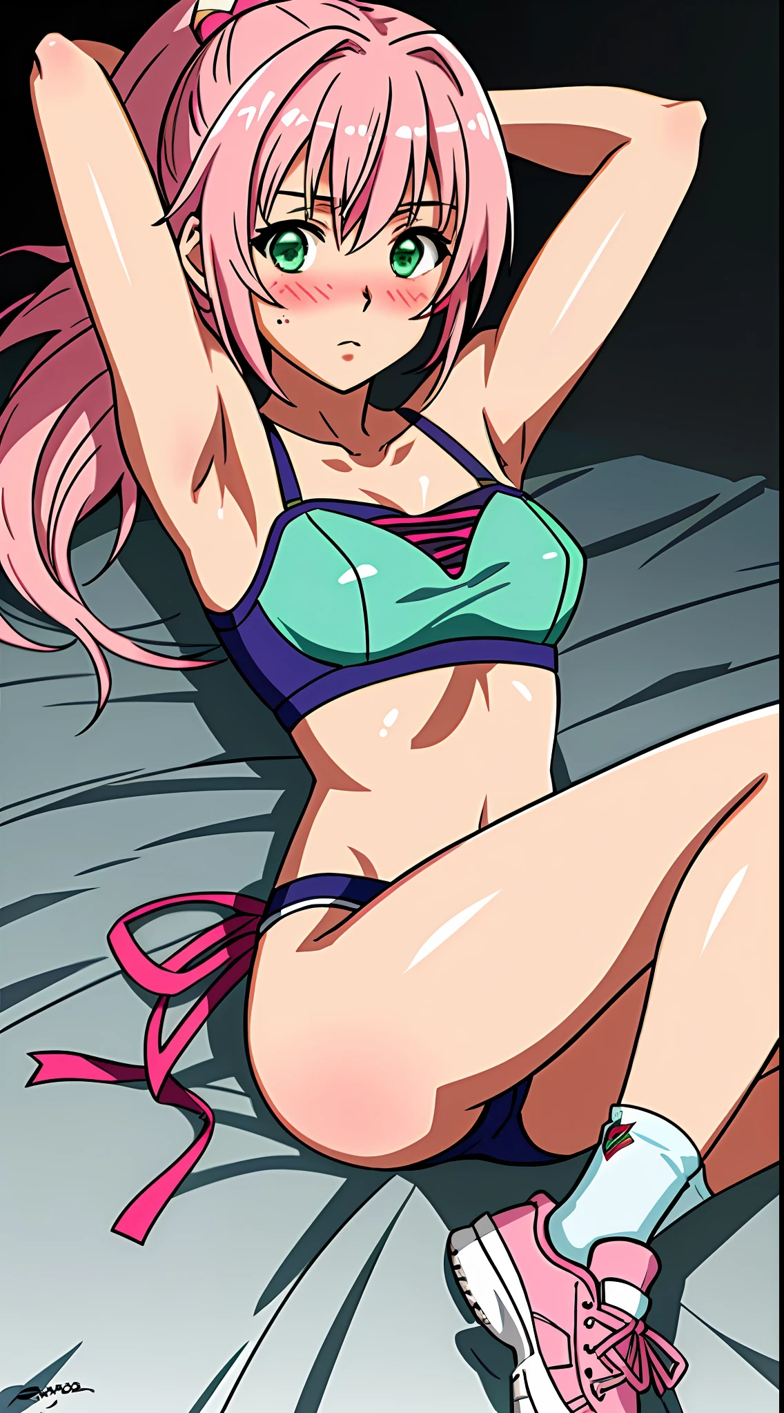 best quality, 8k, sharp focus, depth of field, best shadows, perfect lights, HDR, realistic skin texture, detailed, hyper detailed background, solo, 1 woman, Yuna crawford, pink hair, short ponytail and messy bangs, green eyes, small boobs, lying in bed, pink bra and box, pink sneakers, white socks, shoulders showing, anime style inspired by trails of cold steel IV,  lewd, ecchi, blushing, armpit, up gun, good lighting