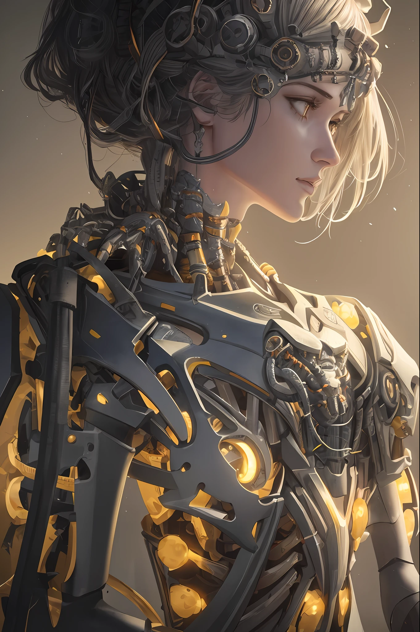 1mechanical girl,((ultra realistic details)), portrait, global illumination, shadows, octane render, 8k, ultra sharp,metal,intricate, ornaments detailed, cold colors, egypician detail, highly intricate details, realistic light, trending on cgsociety, glowing eyes, facing camera, neon details, machanical limbs,blood vessels connected to tubes,mechanical vertebra attaching to back,mechanical cervial attaching to neck,sitting,wires and cables connecting to head