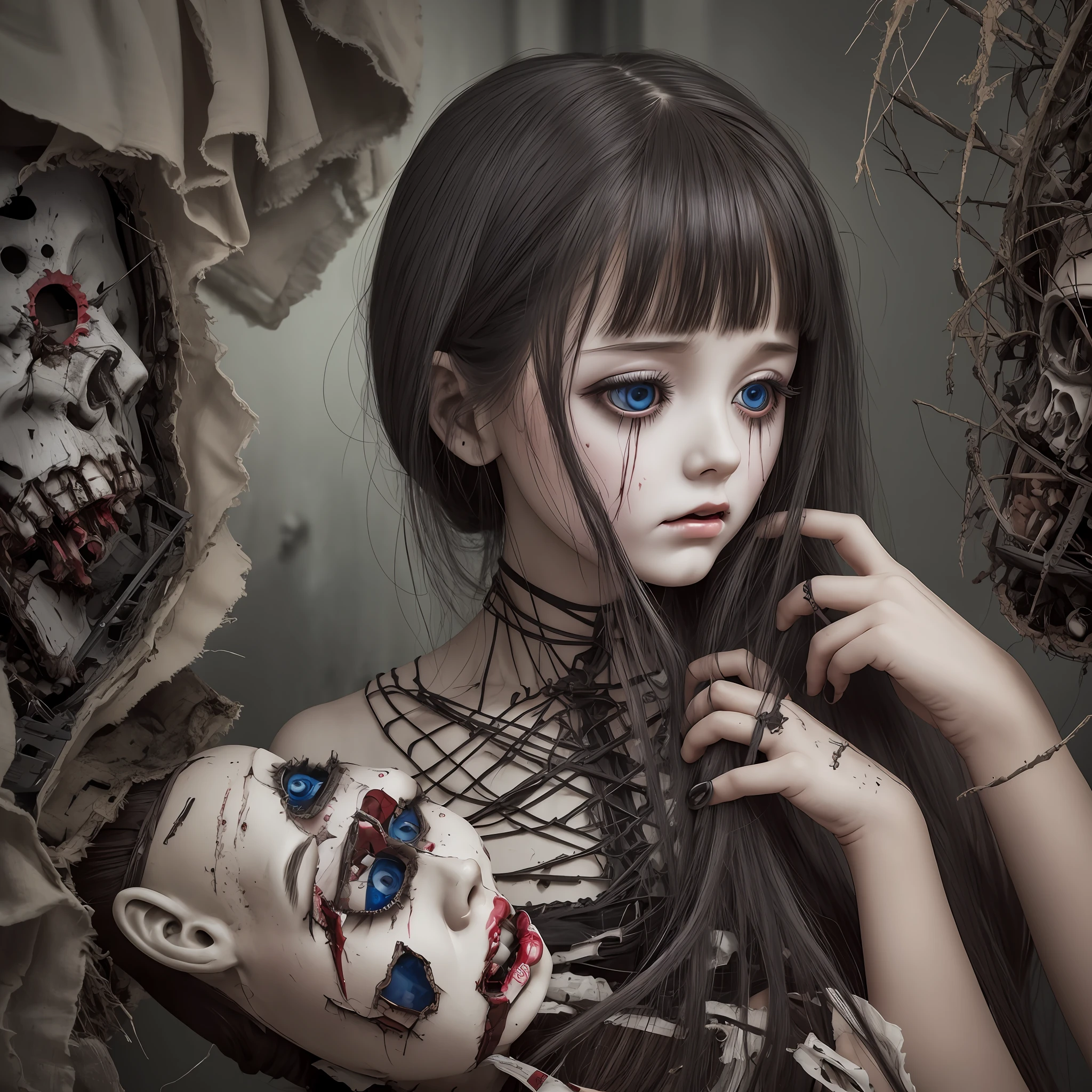 (best quality), (top quality), (dark), (whole body), (melancholy), (sadness), (agony), (terror), (horror) Doll being torn apart.