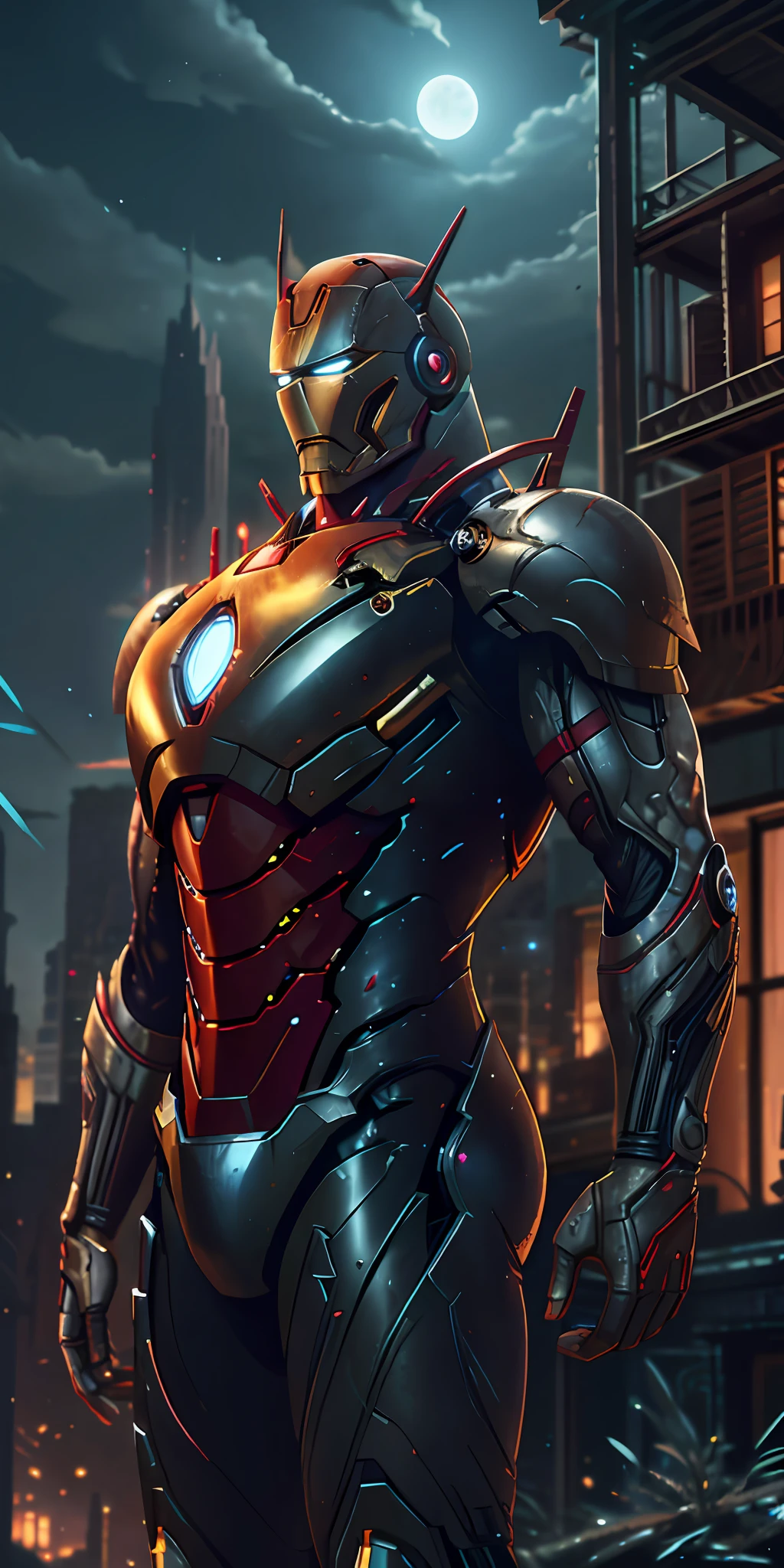 Iron Man from Marvel stands imposingly in an abandoned lost haunted city. Moonlight accentuates the body. The landscape is lush and mysterious, with a dark city and surroundings. The camera details everything, the warrior woman, in front of him.