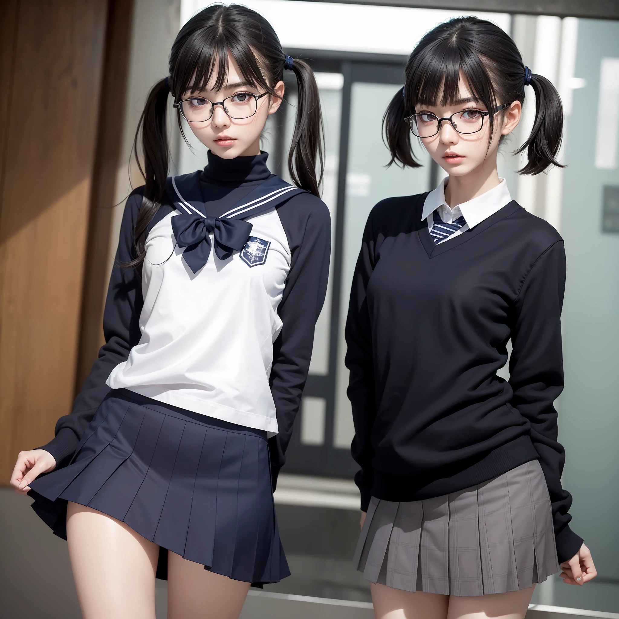 ((always 1 girl)),(Solo)),((There must be one woman)),(((Full body))),Erotic,Sailor uniform,School uniform,Raw photo,Candid,Beautiful girl,Beautiful woman,Textured skin,Kaori Manabe,((Narrow eyes)),(Sharp eyes),((Bangs are about eyebrows)),(Medium hair:1.2),(Viewer) Blue and navy blue checked skirt,Short twin tails, Dynamic Writing, High Resolution,Black Hair, Realistic,Detailed Eyes, Sharp Pupils, Realistic Pupils, Ultra Detailed, Slender, Pale Skin, Japan People, Glasses, Small,Smooth, Flat,Young, Tall, Dark Look, Bright Black Eyes, Anger, ,Slender Body, Medium Build, Small Waist, Wide Thighs, Photory