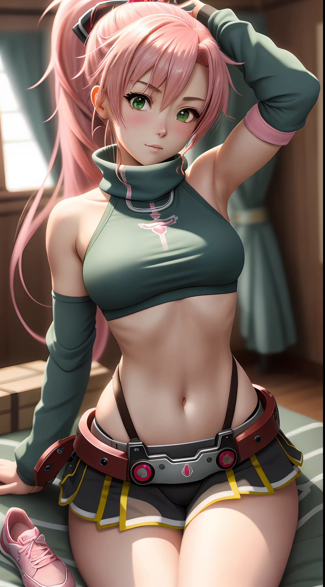 best quality, 8k, sharp focus, depth of field, best shadows, perfect lights, HDR, realistic skin texture, detailed, hyper detailed background, solo, 1 woman, Yuna crawford, pink hair, short ponytail and messy bangs, green eyes, small boobs, lying in bed, pink bra and box, pink sneakers, white socks, shoulders showing, ((anime style inspired by trails of cold steel IV)),  lewd, ecchi, blushing, armpit, up gun, good lighting