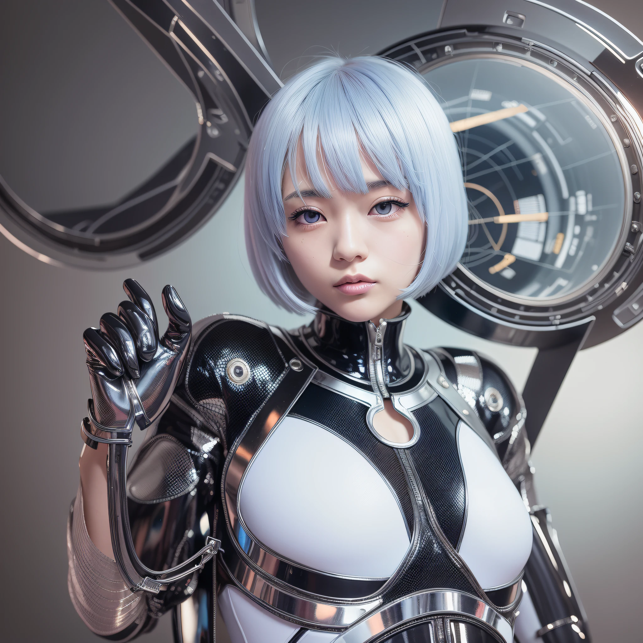 Best Quality, Ultra Hi-Res, 1girl, Masterpiece,,Plugsuit,Bodysuit,Solo,(( ( Big)))), white_bodysuit, pilot_suit, lance_of_longinus, Bangs, Triangular Psychosensory Devices on Both Sides of the Head, souryuu_asuka_langley,taut_clothes,Bokeh, Clothes with a sense of mechanical technology, zero small logo pattern on the chest, (short hair)))), (short hair)))), ((short hair)))), bodysuit, white bodysuit, pilot suit, bangs, Rei Ayanami highest quality, ultra high resolution, (photorealistic: 1.4), blue eyes, viewer see, blush, red lips, (ulzzang-6500-v1.1:1), Rei Ayanami, reinforced suit (Top Quality, 8k, 32k, Masterpiece, UHD: 1.2), Detailed Eyes, Black Eyes, Double Eyelids, Watch Viewer, (Big: 3) (Cleavage: 1.2), Japan Anime, Evangelion, Rei Ayanami, Japan Idol, Japan, Asian Woman, Raise Both Hands, Big, Protruding, Studio Color, Plug Suit, 15~20 years old, Long eyes, Blue short hair, Thin eyes, Buddha's eyes, open mouth, serious eyes, warrior, dark blue hair, thin eyebrows,