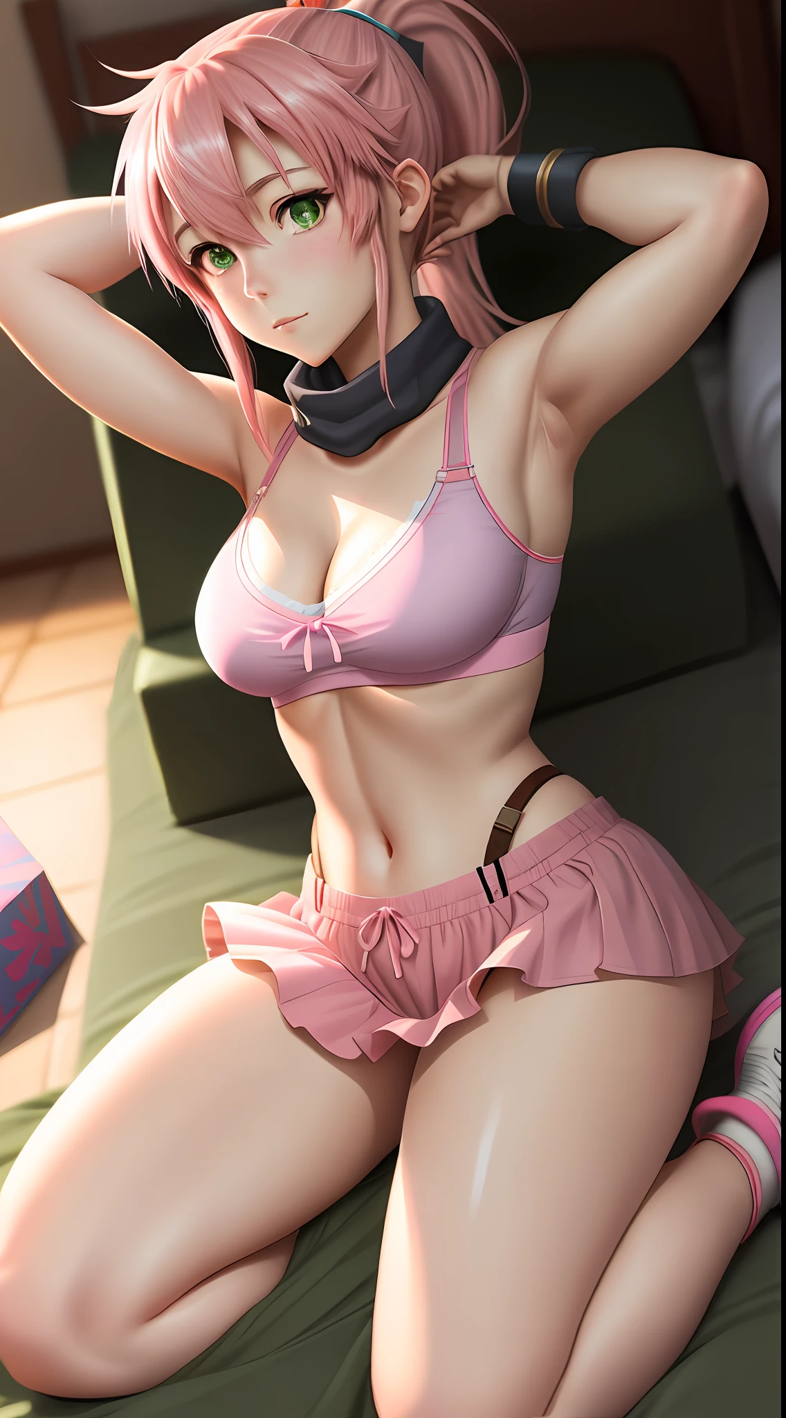 best quality, 8k, sharp focus, depth of field, best shadows, perfect lights, HDR, realistic skin texture, detailed, hyper detailed background, solo, 1 woman, Yuna crawford, pink hair, short ponytail and messy bangs, green eyes, small boobs, lying in bed, pink bra and box, pink sneakers, white socks, shoulders showing, ((anime style inspired by trails of cold steel IV)),  lewd, ecchi, blushing, armpit, up gun, good lighting