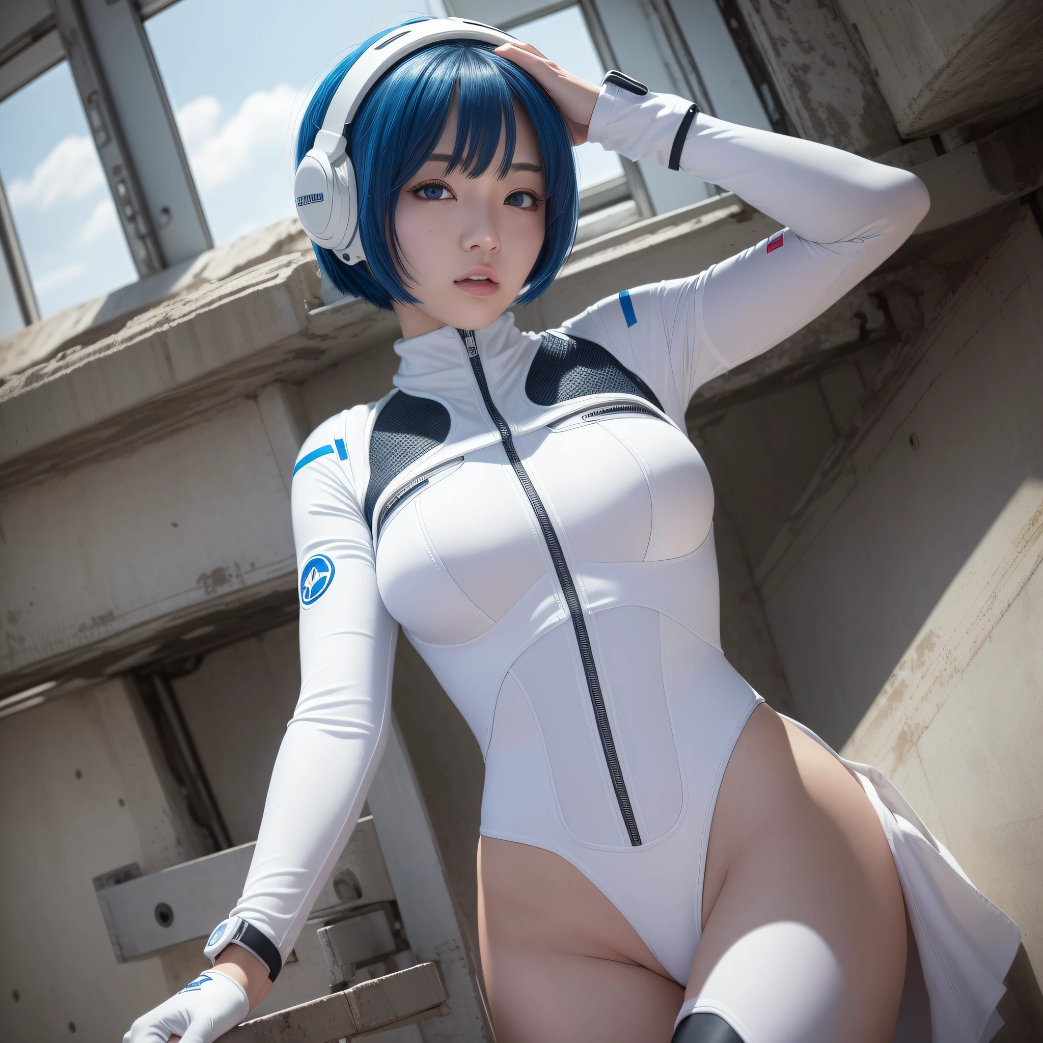 Best Quality, Ultra Hi-Res, 1girl, Masterpiece,,Plugsuit,Bodysuit,Solo,(( ( Big)))), white_bodysuit, pilot_suit, lance_of_longinus, Bangs, Triangular Psychosensory Devices on Both Sides of the Head, souryuu_asuka_langley,taut_clothes,Bokeh, Clothes with a sense of mechanical technology, zero small logo pattern on the chest, (short hair)))), (short hair)))), ((short hair)))), bodysuit, white bodysuit, pilot suit, bangs, Rei Ayanami highest quality, ultra high resolution, (photorealistic: 1.4), blue eyes, viewer see, blush, red lips, (ulzzang-6500-v1.1:1), Rei Ayanami, reinforced suit (Top Quality, 8k, 32k, Masterpiece, UHD: 1.2), Detailed Eyes, Black Eyes, Double Eyelids, Watch Viewer, (Big: 3) (Cleavage: 1.2), Japan Anime, Evangelion, Rei Ayanami, Japan Idol, Japan, Asian Woman, Raise Both Hands, Big, Protruding, Studio Color, Plug Suit, 15~20 years old, Long eyes, Blue short hair, Thin eyes, Buddha's eyes, open mouth, serious eyes, warrior, dark blue hair, thin eyebrows,