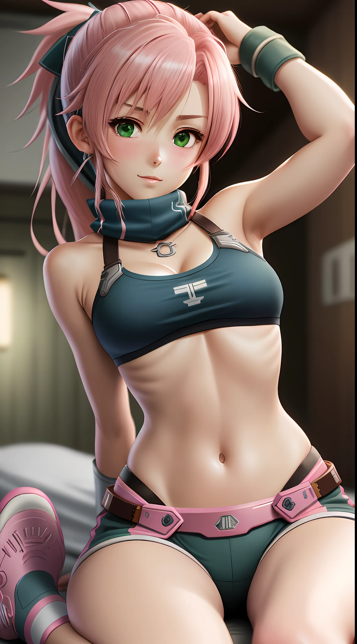 best quality, 8k, sharp focus, depth of field, best shadows, perfect lights, HDR, realistic skin texture, detailed, hyper detailed background, solo, 1 woman, Yuna crawford, pink hair, short ponytail and messy bangs, green eyes, small boobs, lying in bed, pink bra and box, pink sneakers, white socks, shoulders showing, ((anime style inspired by trails of cold steel IV)),  lewd, ecchi, blushing, armpit, up gun, good lighting