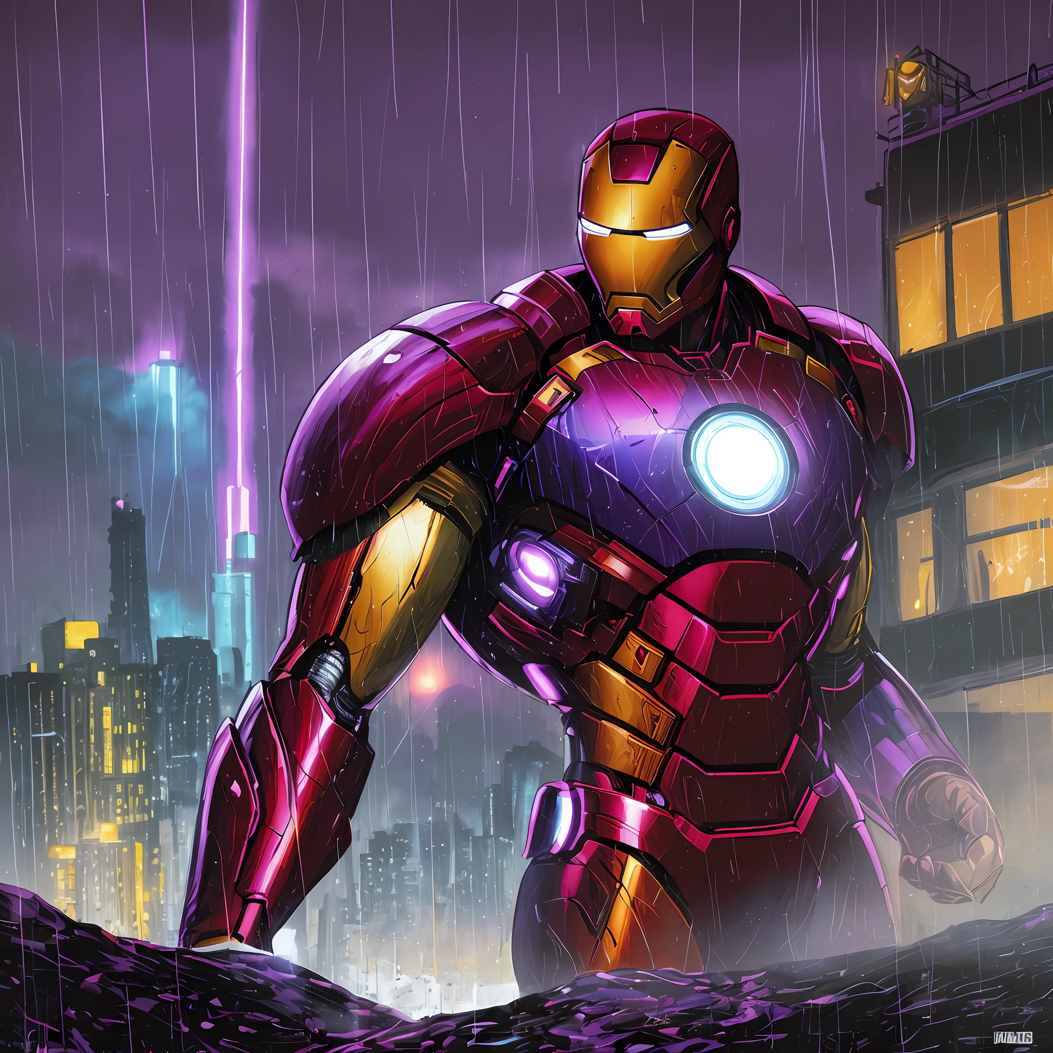 painting of Iron Man from Marvel in the rain, purple, purple, sad look, Dan Mumford, 1 9 9 0 s in comic book style, dark dull colors, artist used bright, night raid, Wyke Bayliss, ((masterpiece)), (best quality), HDR