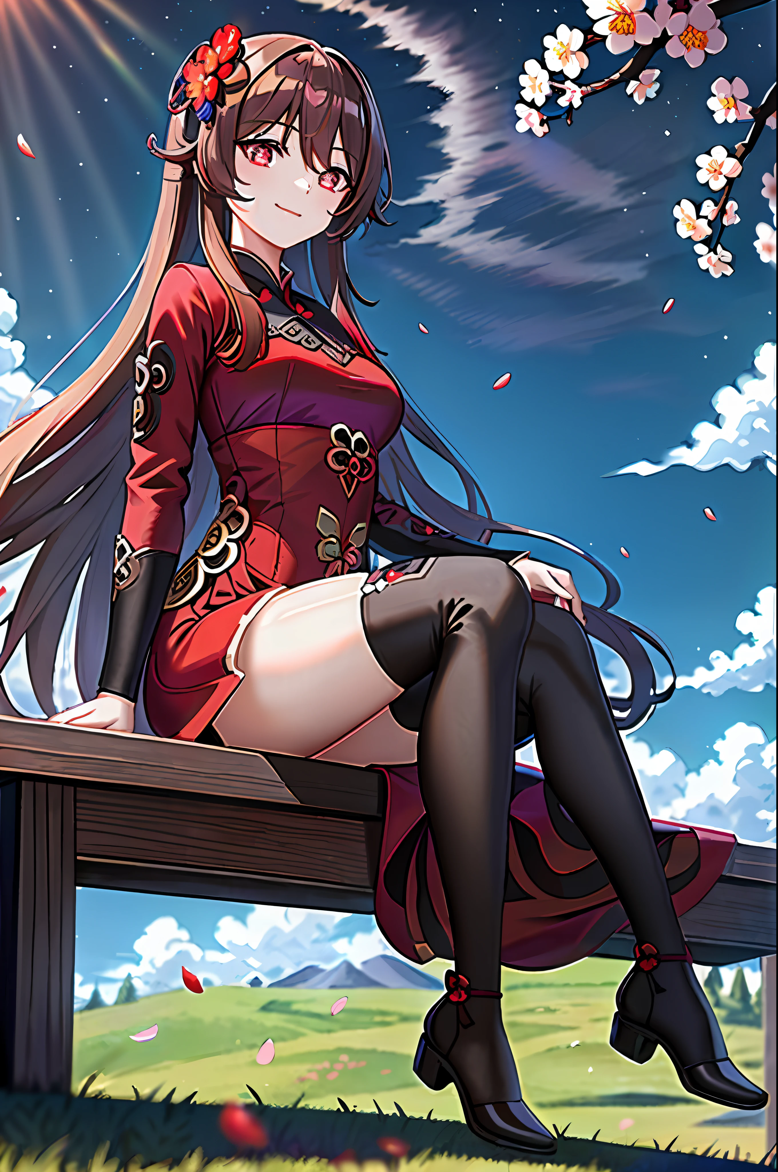 (((masterpiece))),best quality, hutao\(genshin\), 1girl,brown hair,(red eyes), (plum blossom shaped eyes), (beautiful detailed eyes), seductive smile, closed mouth, wariza/w-sitting, medium breasts, long dress,(((red dress))),long sleeves,black footwear,earrings, ((white thighhighs)), cloud, sky, beautiful detailed sky,landscape, in a meadow,