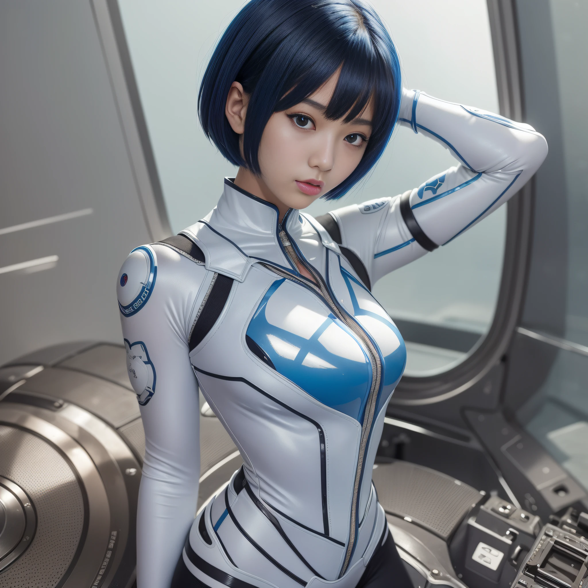 Best Quality, Ultra Hi-Res, 1girl, Masterpiece,,Plugsuit,Bodysuit,Solo,(( ( Big)))), white_bodysuit, pilot_suit, lance_of_longinus, Bangs, Triangular Psychosensory Devices on Both Sides of the Head, souryuu_asuka_langley,taut_clothes,Bokeh, Clothes with a sense of mechanical technology, zero small logo pattern on the chest, (short hair)))), (short hair)))), ((short hair)))), bodysuit, white bodysuit, pilot suit, bangs, Rei Ayanami highest quality, ultra high resolution, (photorealistic: 1.4), blue eyes, viewer see, blush, red lips, (ulzzang-6500-v1.1:1), Rei Ayanami, reinforced suit (Top Quality, 8k, 32k, Masterpiece, UHD: 1.2), Detailed Eyes, Black Eyes, Double Eyelids, Watch Viewer, (Big: 3) (Cleavage: 1.2), Japan Anime, Evangelion, Rei Ayanami, Japan Idol, Japan, Asian Woman, Raise Both Hands, Big, Protruding, Studio Color, Plug Suit, 15~20 years old, Long eyes, Blue short hair, Thin eyes, Buddha's eyes, open mouth, serious eyes, warrior, dark blue hair, thin eyebrows, chest open,
