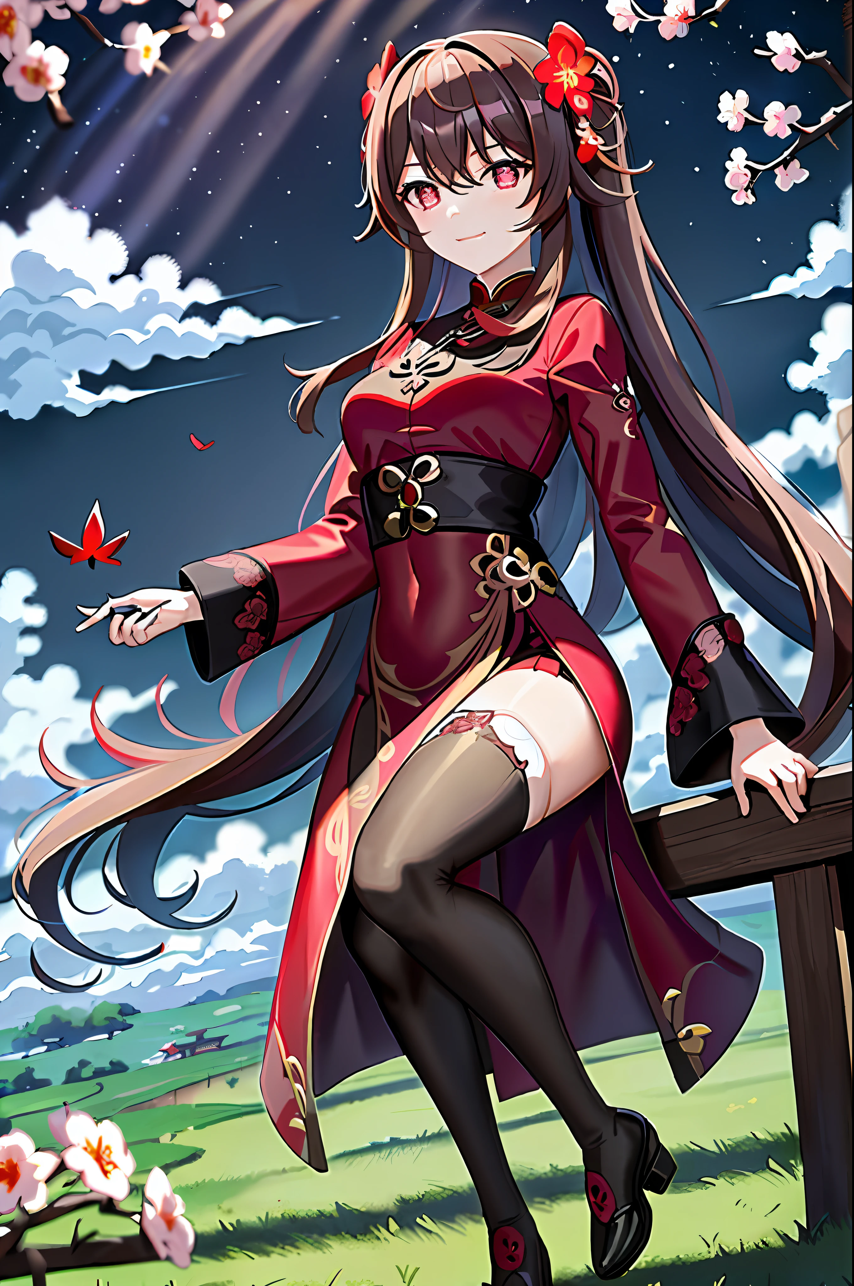 (((masterpiece))),best quality, hutao\(genshin\), 1girl,brown hair,(red eyes), (plum blossom shaped eyes), (beautiful detailed eyes), seductive smile, closed mouth, wariza/w-sitting, medium breasts, long dress,(((red dress))),long sleeves,black footwear,earrings, ((white thighhighs)), cloud, sky, beautiful detailed sky,landscape, in a meadow,